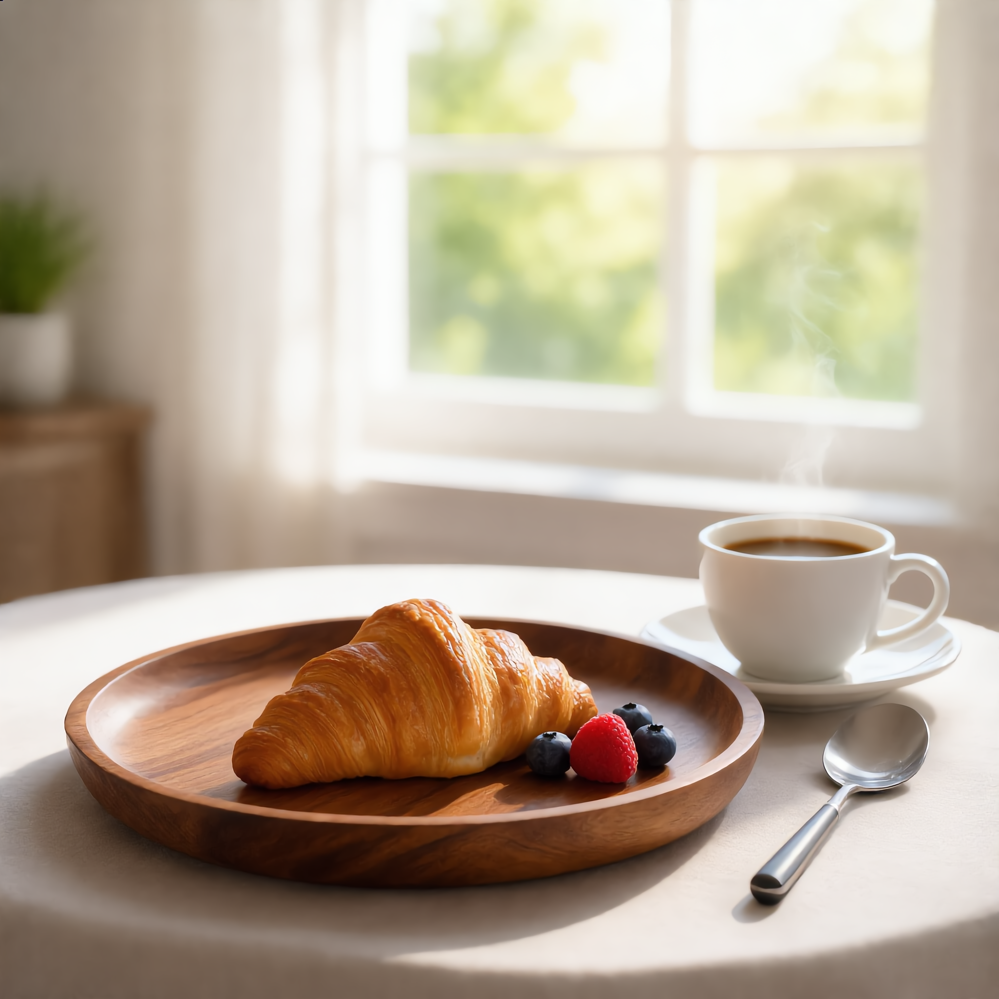 Croissant and berries on the round acacia plate
