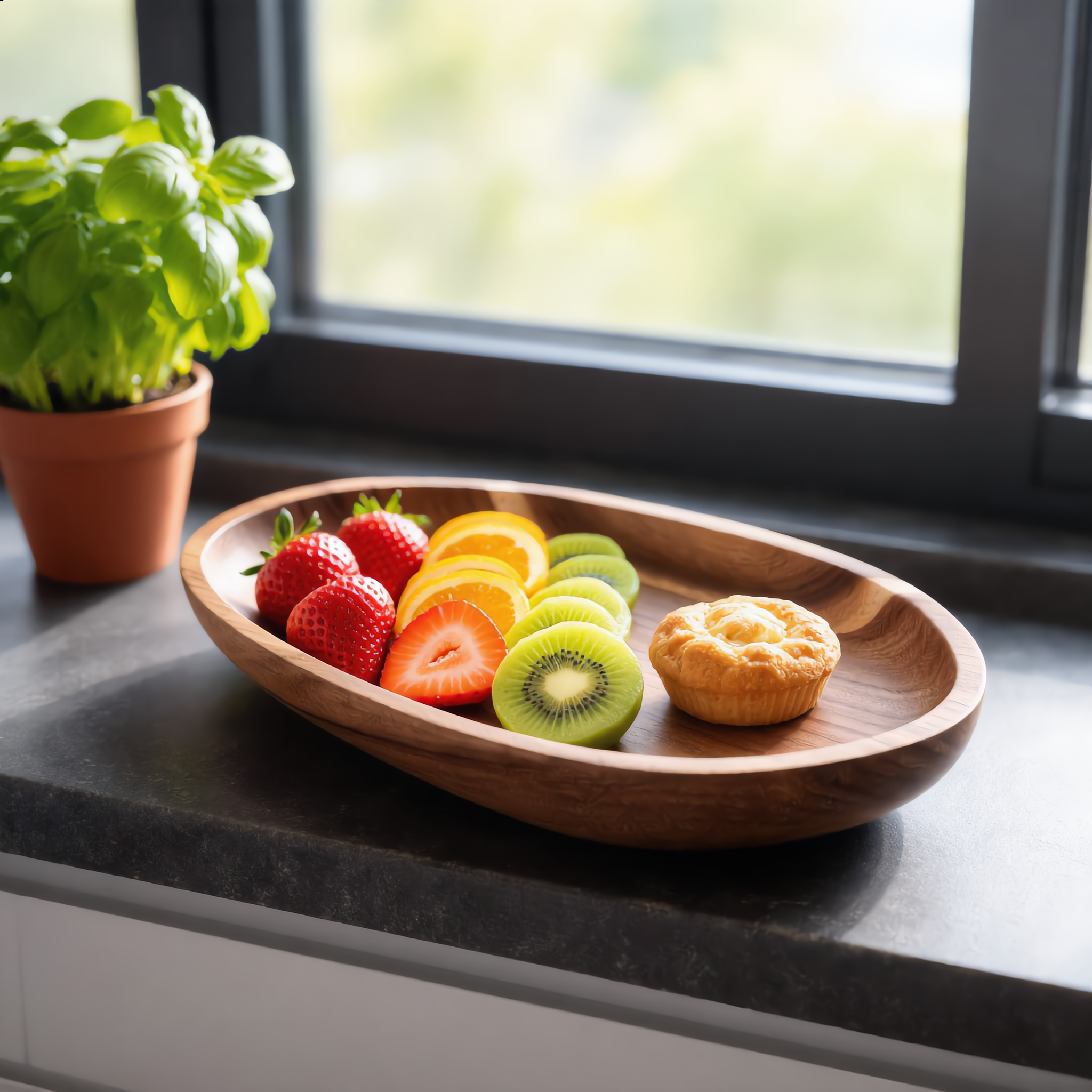 Sliced fruit breakfast on the medium acacia oval tray