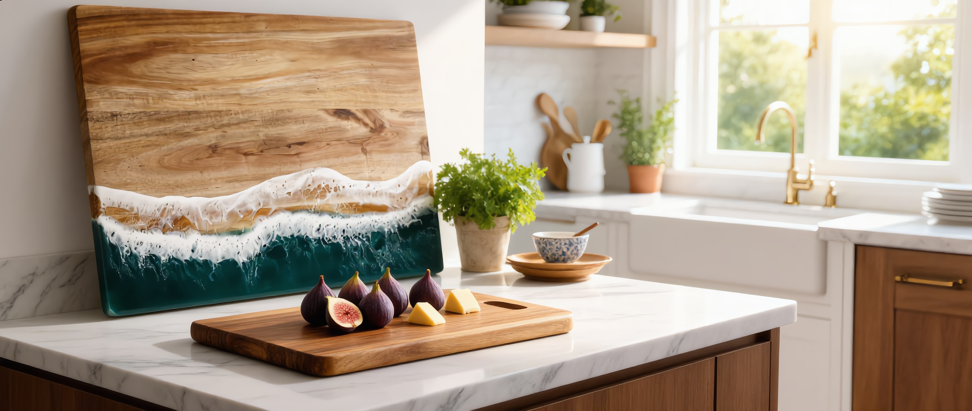 Marea ocean resin serving board styled in a bright coastal kitchen