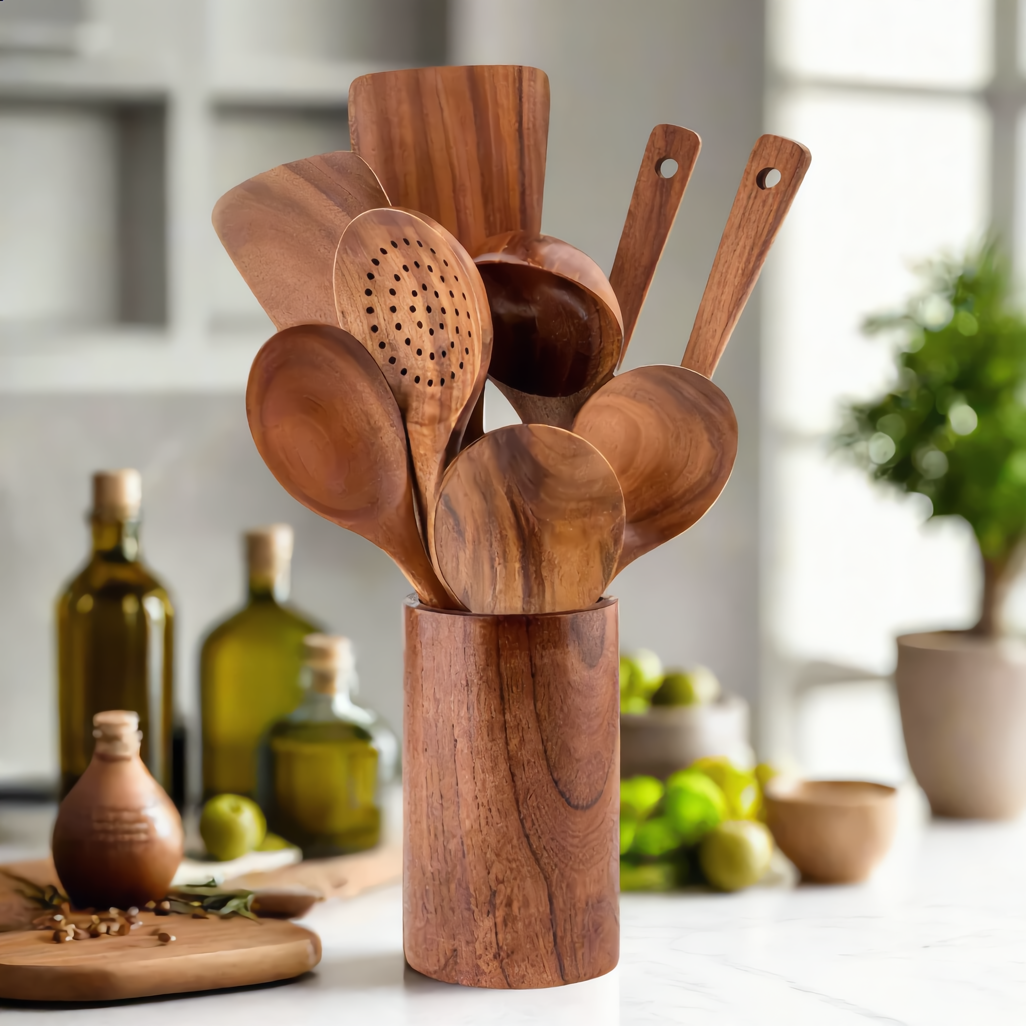 Teak cooking utensils in their holder on a bright marble kitchen counter