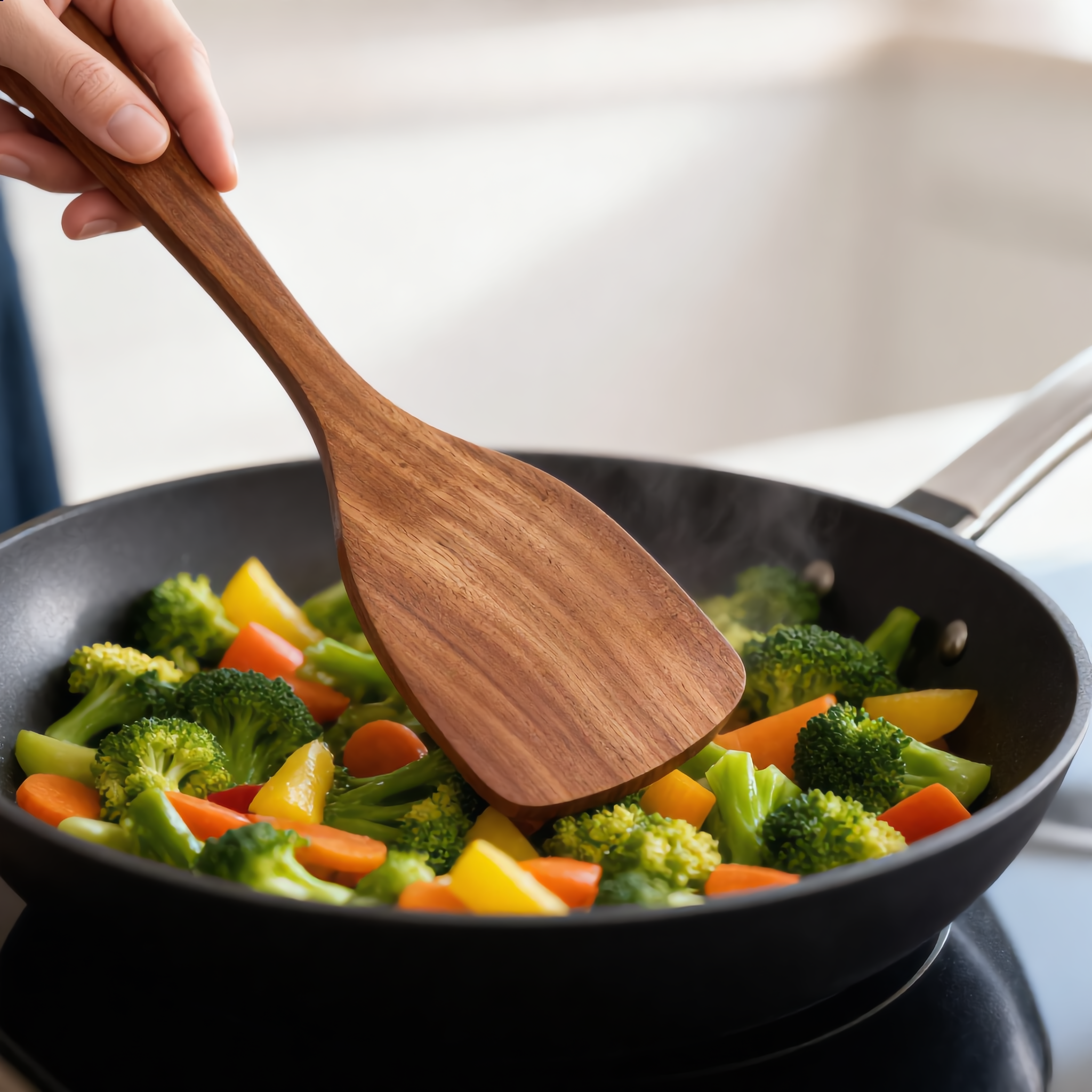 Using a teak wok turner to stir vegetables in a pan