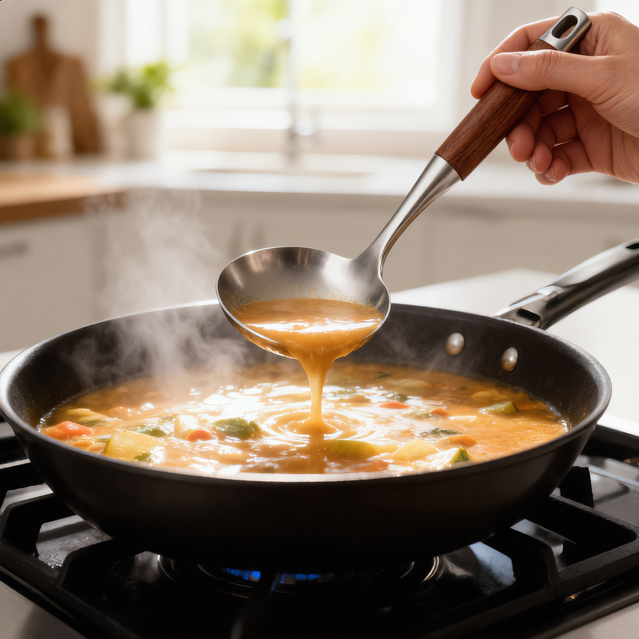 Serving soup with the steel ladle and rosewood handle