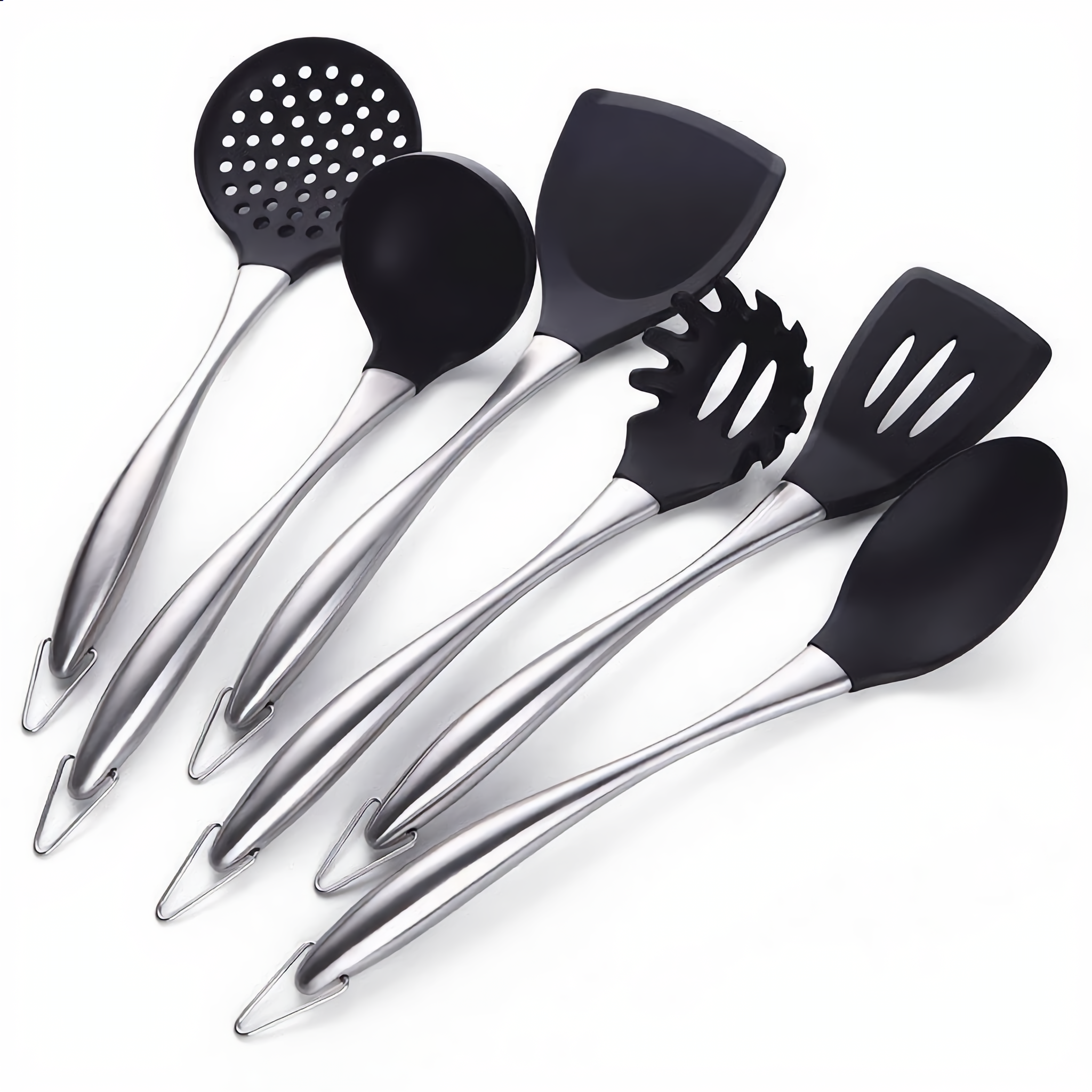 Lustro Non-Stick Utensil Set in silver stainless steel with black silicone heads, studio hero