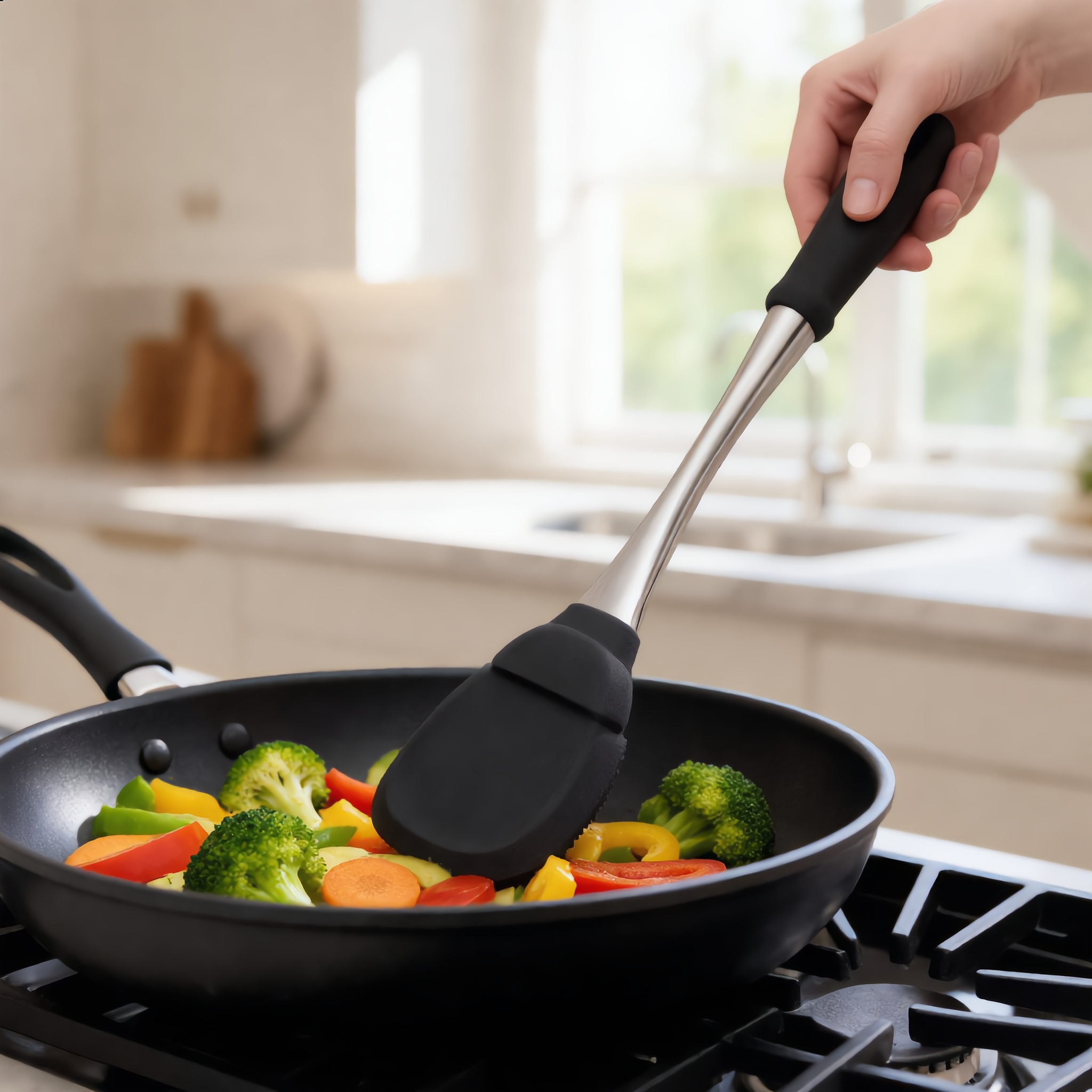 Silver Lustro wok turner stirring fresh vegetables in a pan