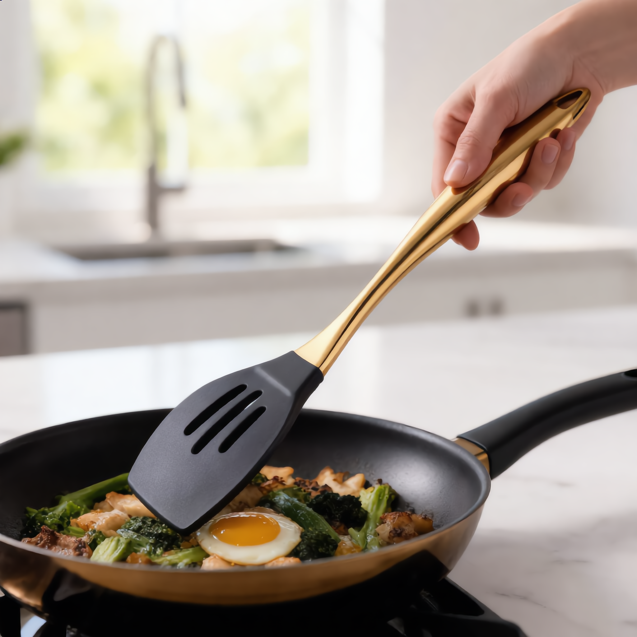 Gold Lustro slotted turner flipping food in a pan on the stovetop
