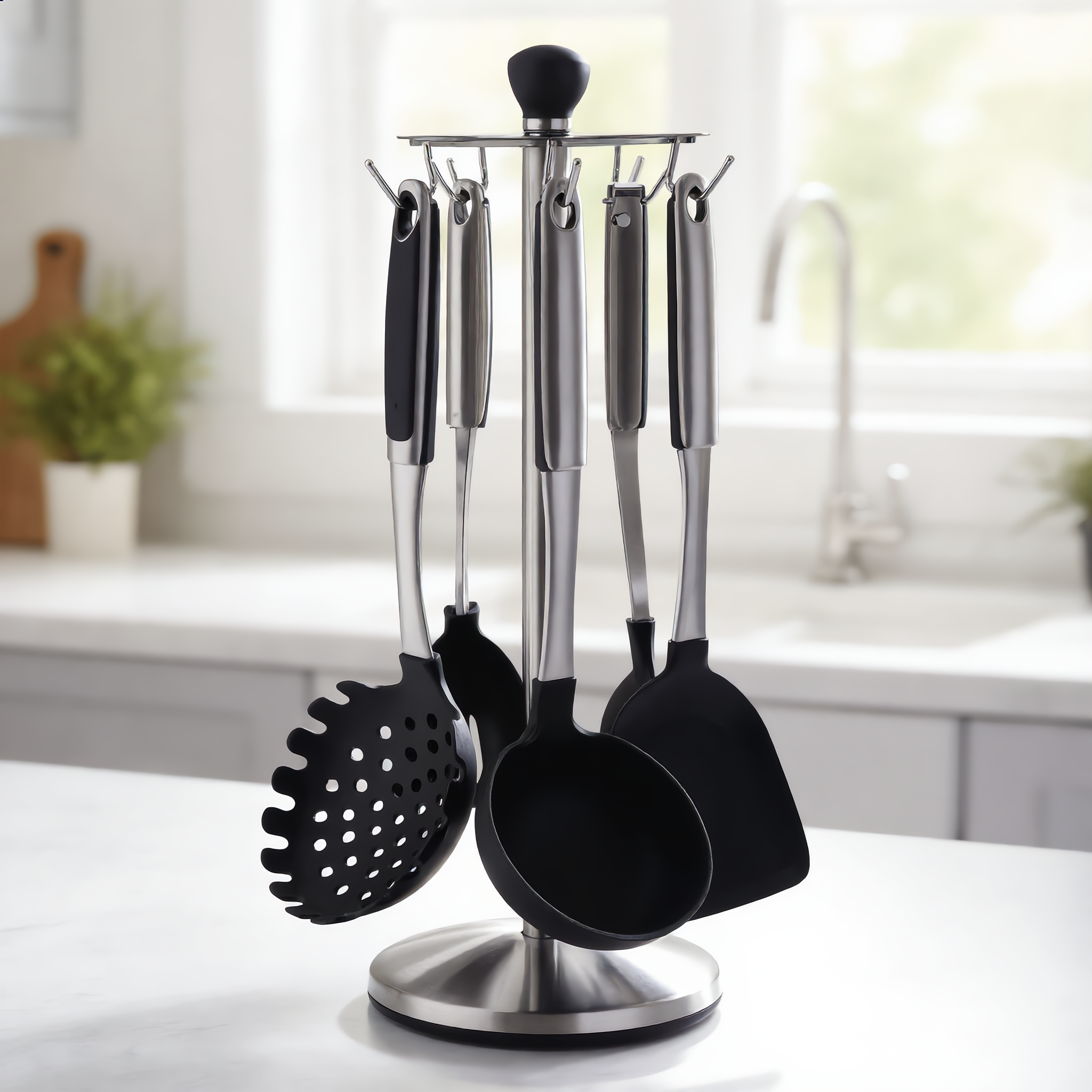 Silver Lustro set on its chrome rotating carousel stand showing all six distinct pieces
