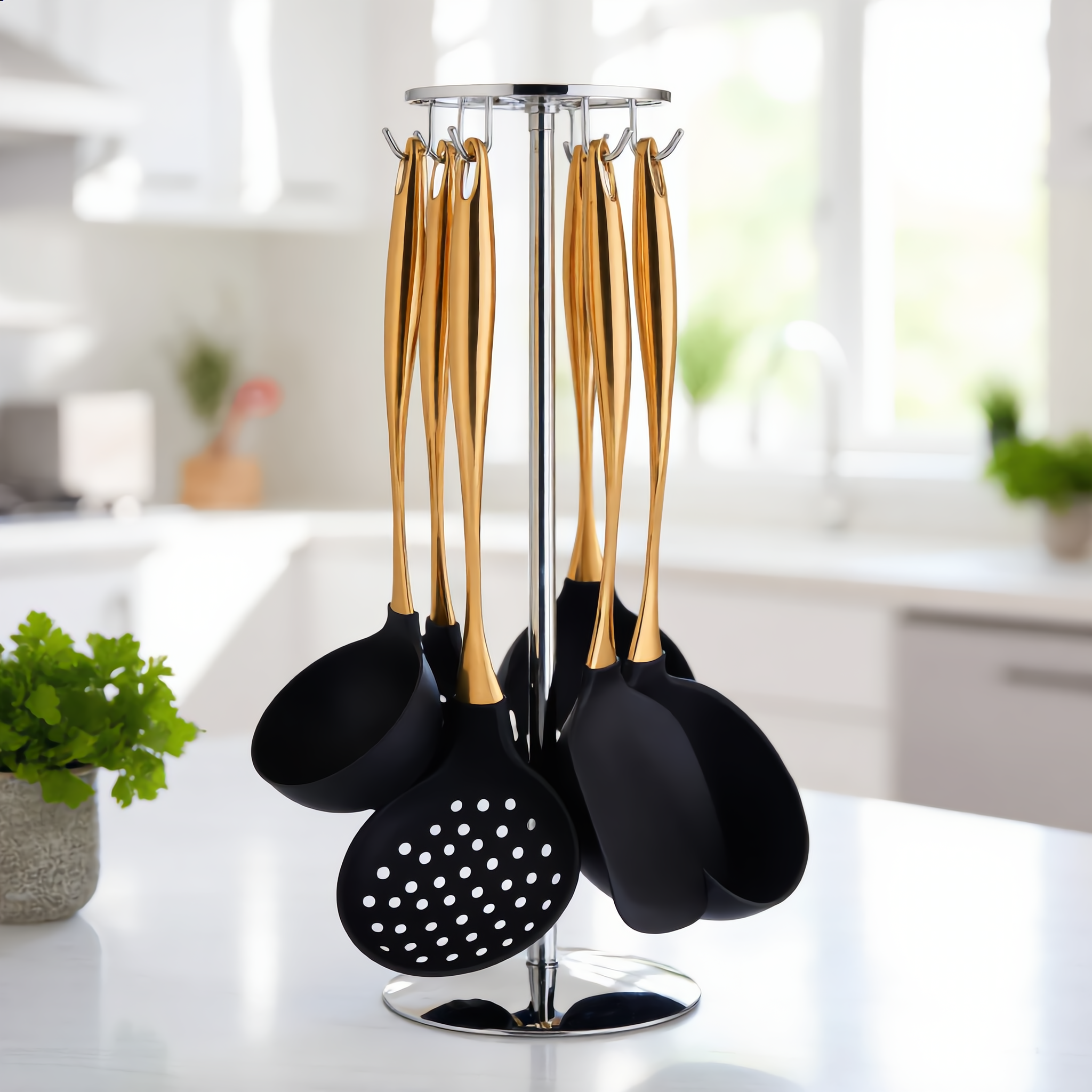 Gold Lustro set on its chrome rotating carousel stand showing all six distinct pieces