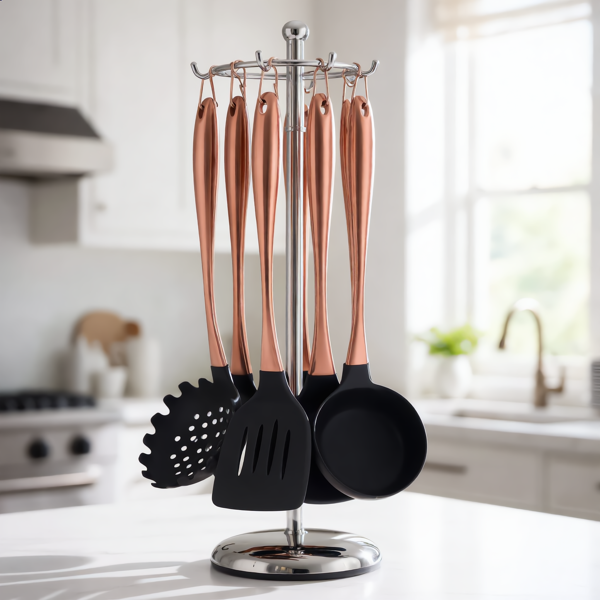 Rose gold Lustro set on its chrome rotating carousel stand showing all six distinct pieces