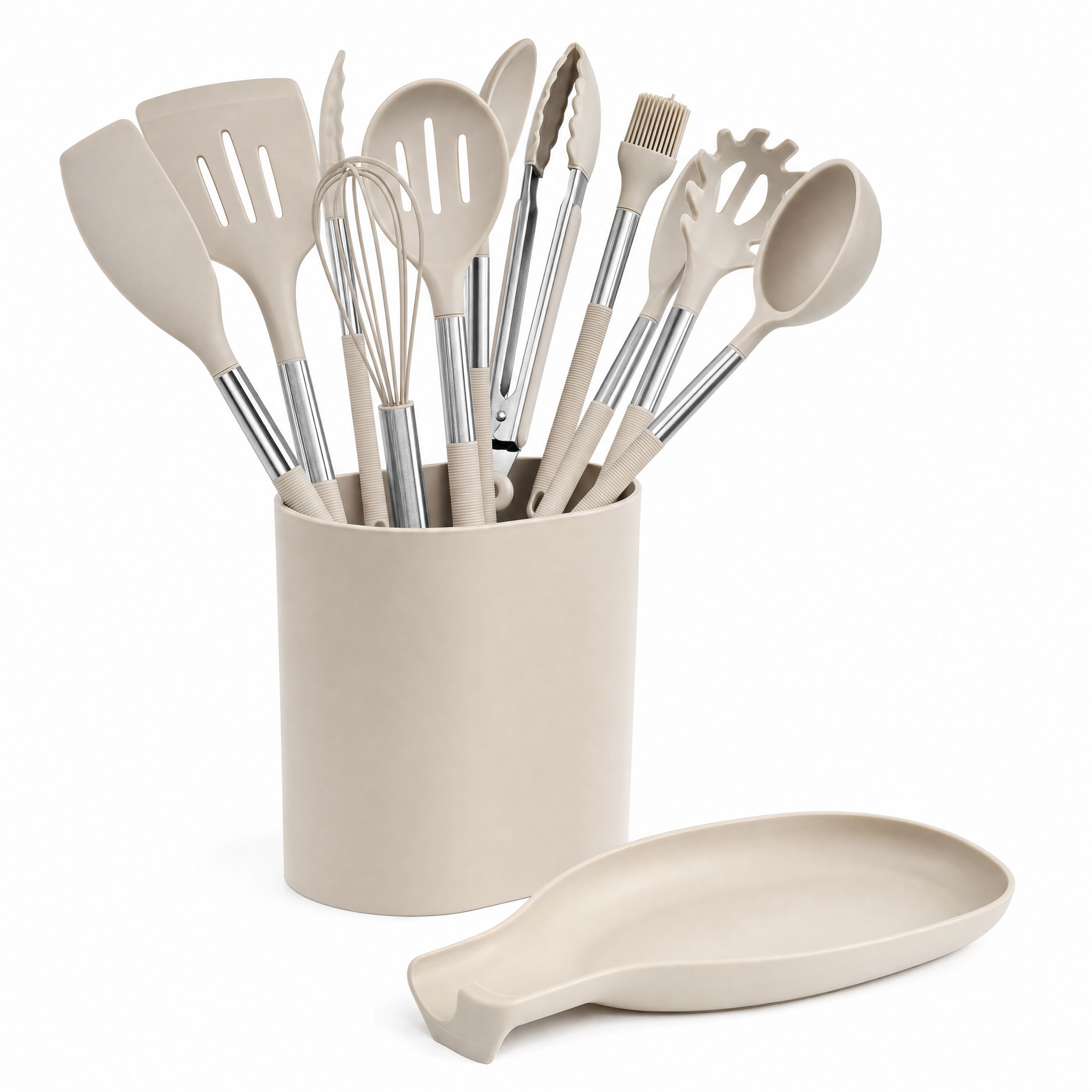 Nordica Silicone Utensil Set in khaki cream-beige with caddy and rest, studio hero