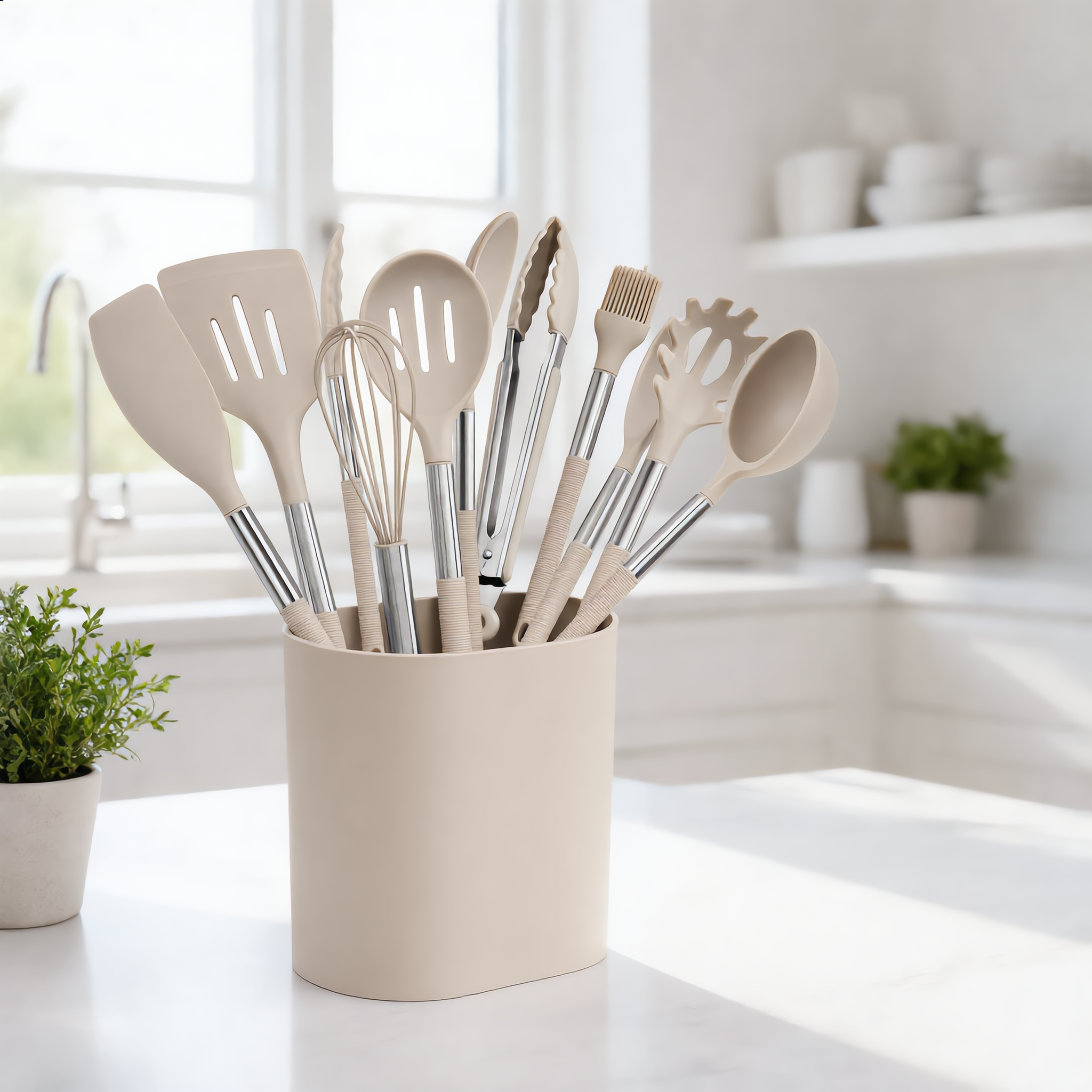 Khaki Nordica set in its caddy on a bright marble counter in a Nordic kitchen