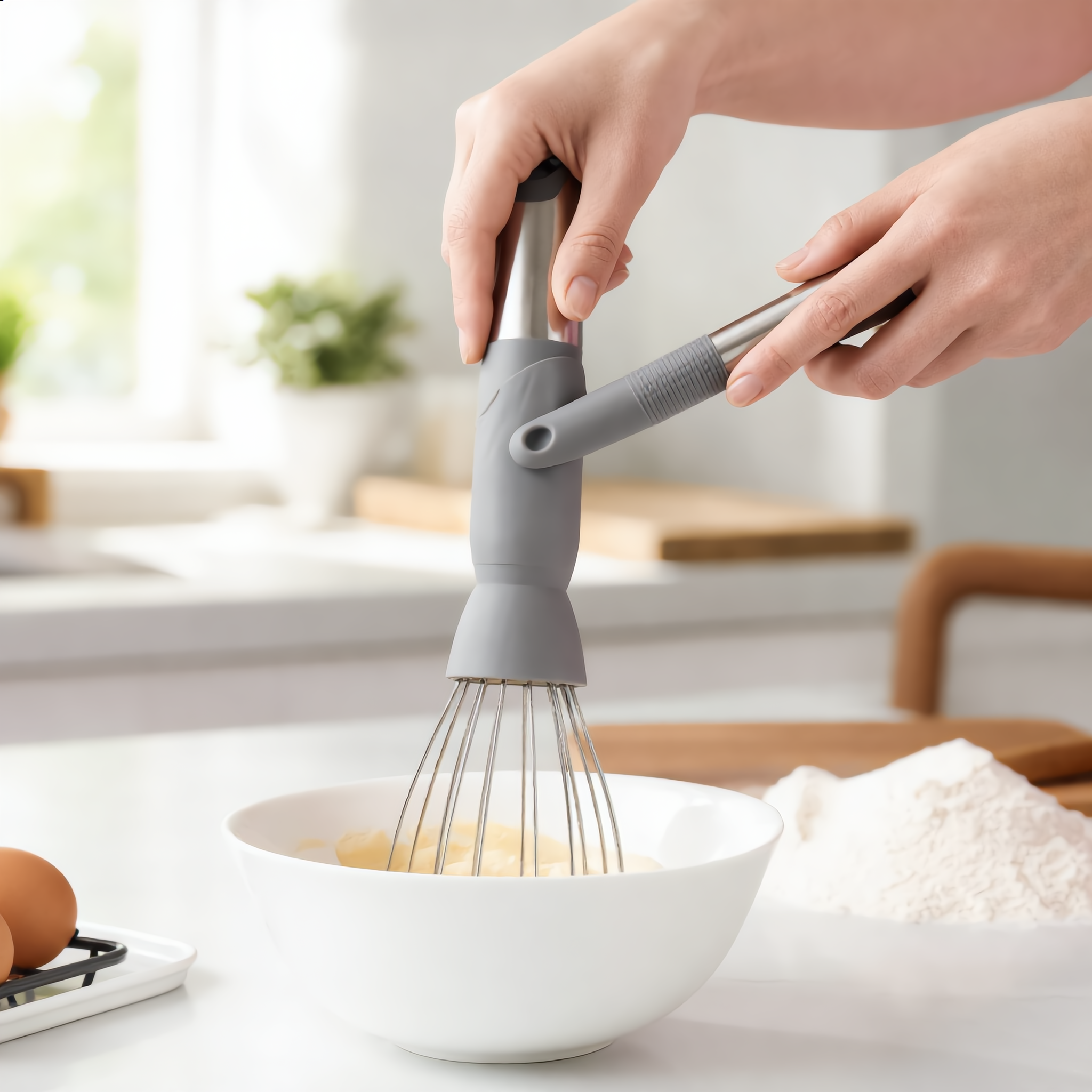 Gray Nordica whisk whisking batter in a white bowl in a bright kitchen