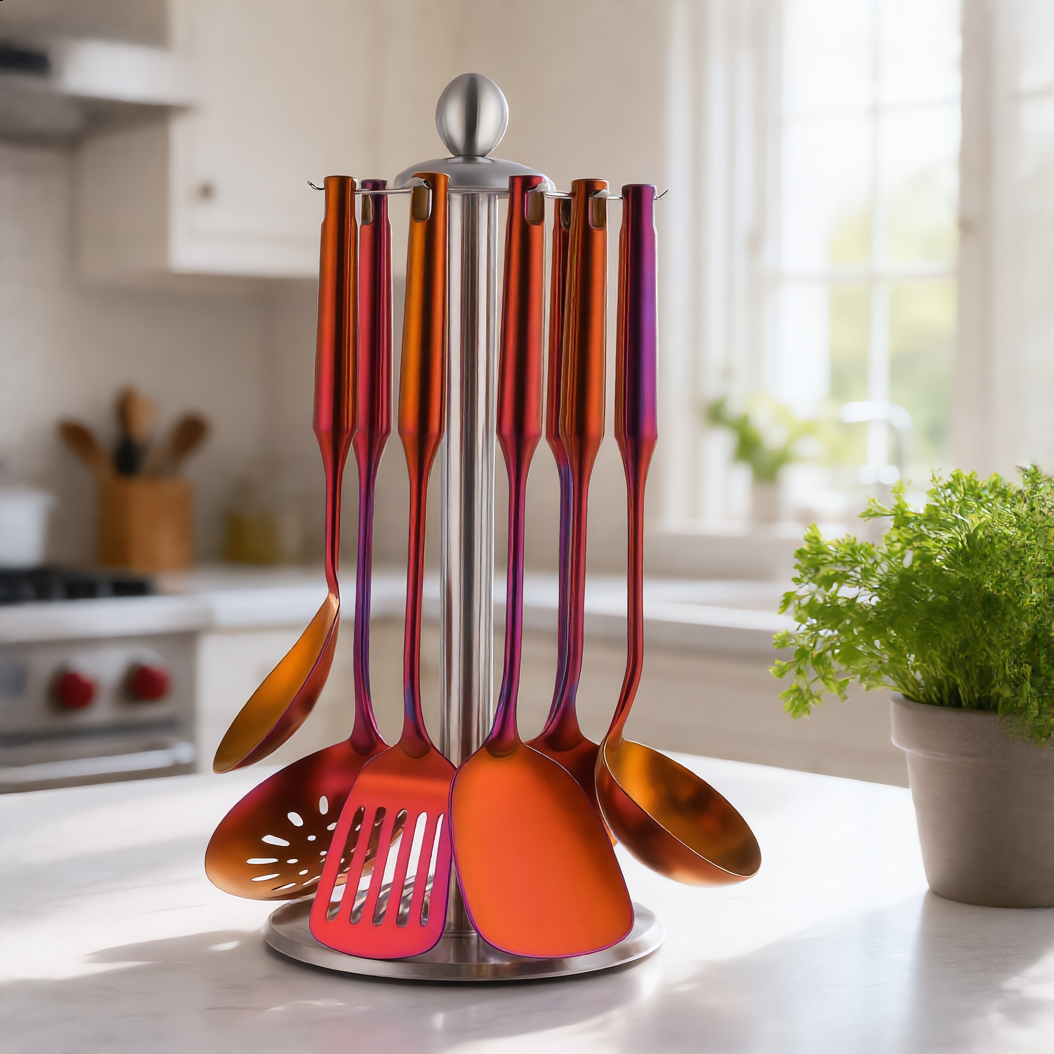 Rainbow Red Aurora set on its steel stand in a bright Mediterranean kitchen