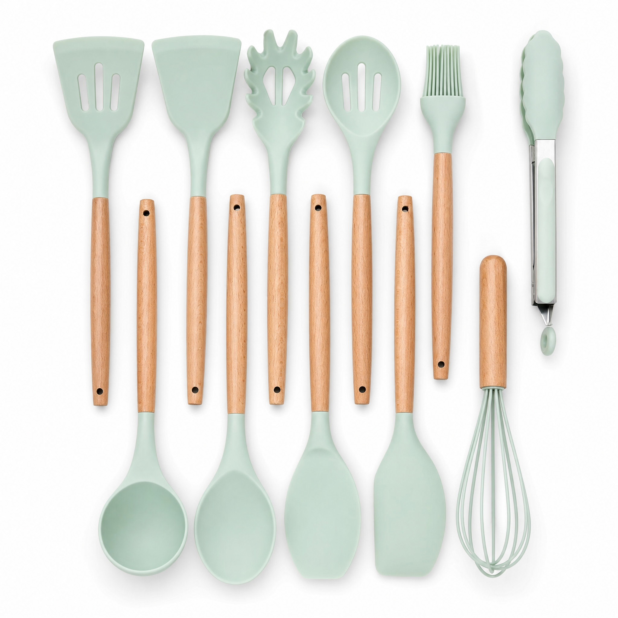 Morbido Silicone Utensil Set in Mint with wooden handles, studio hero