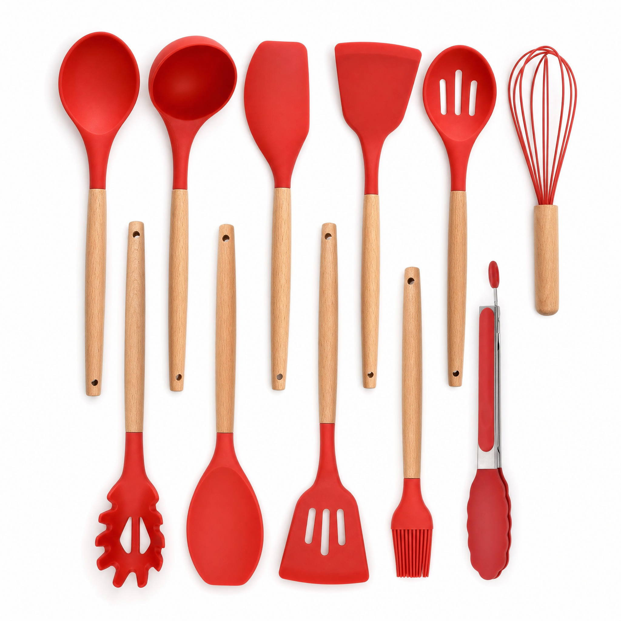 Morbido Silicone Utensil Set in Red with wooden handles, studio hero
