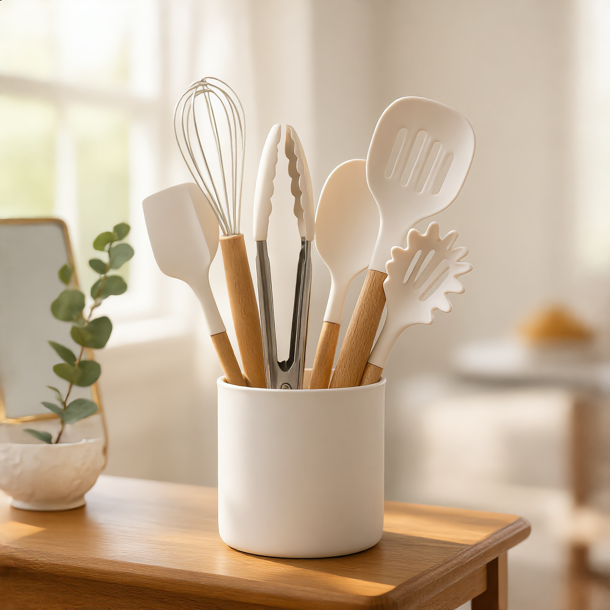 White Morbido set in a crock styled on a wood console