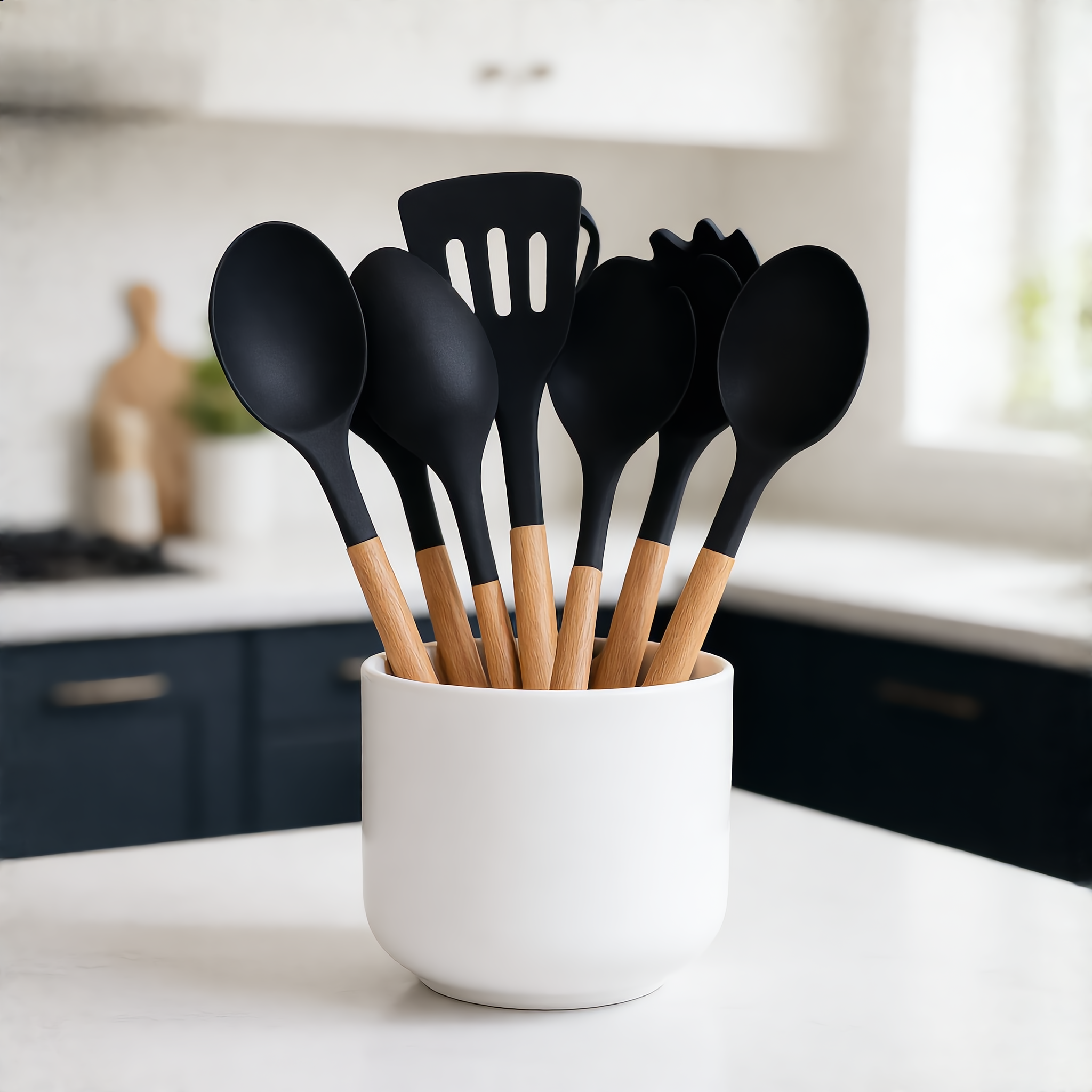 Black Morbido set in a white crock in a modern kitchen