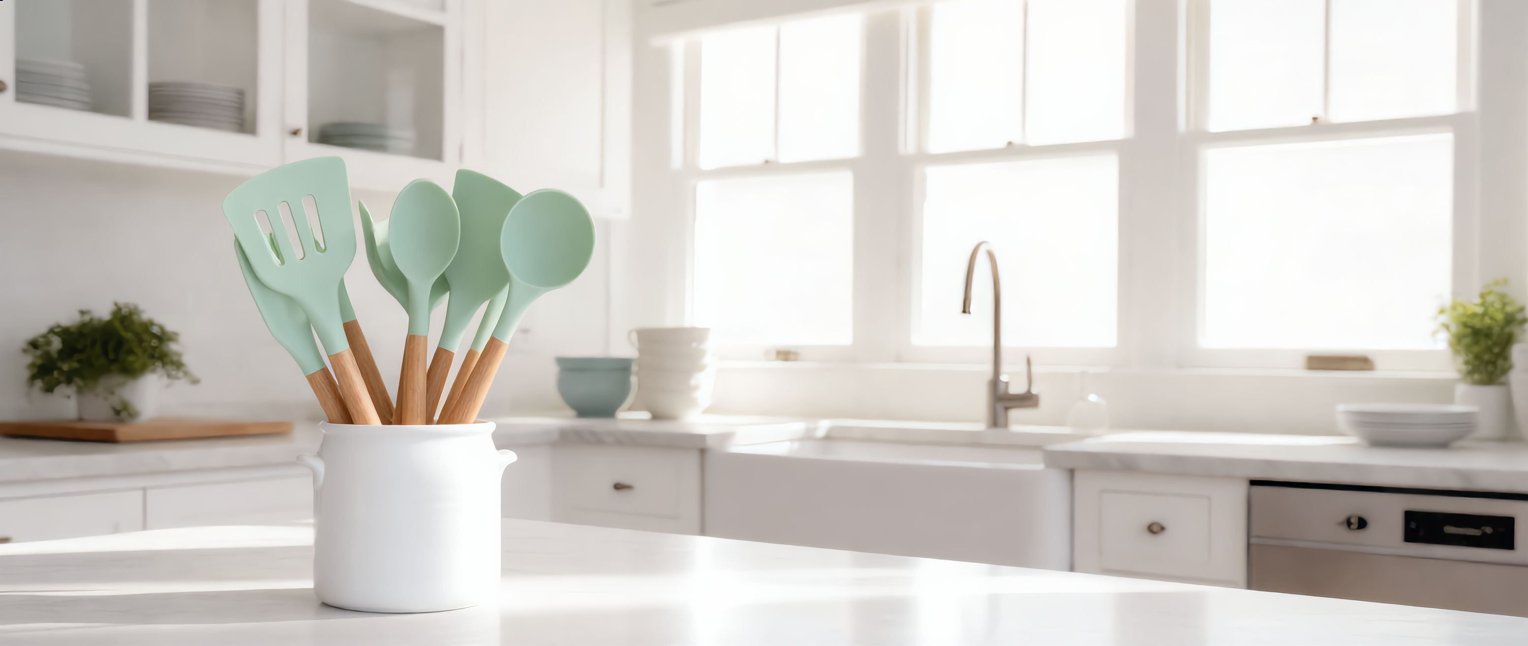 Morbido Silicone Utensil Set in Mint in a bright Scandinavian kitchen, wide banner