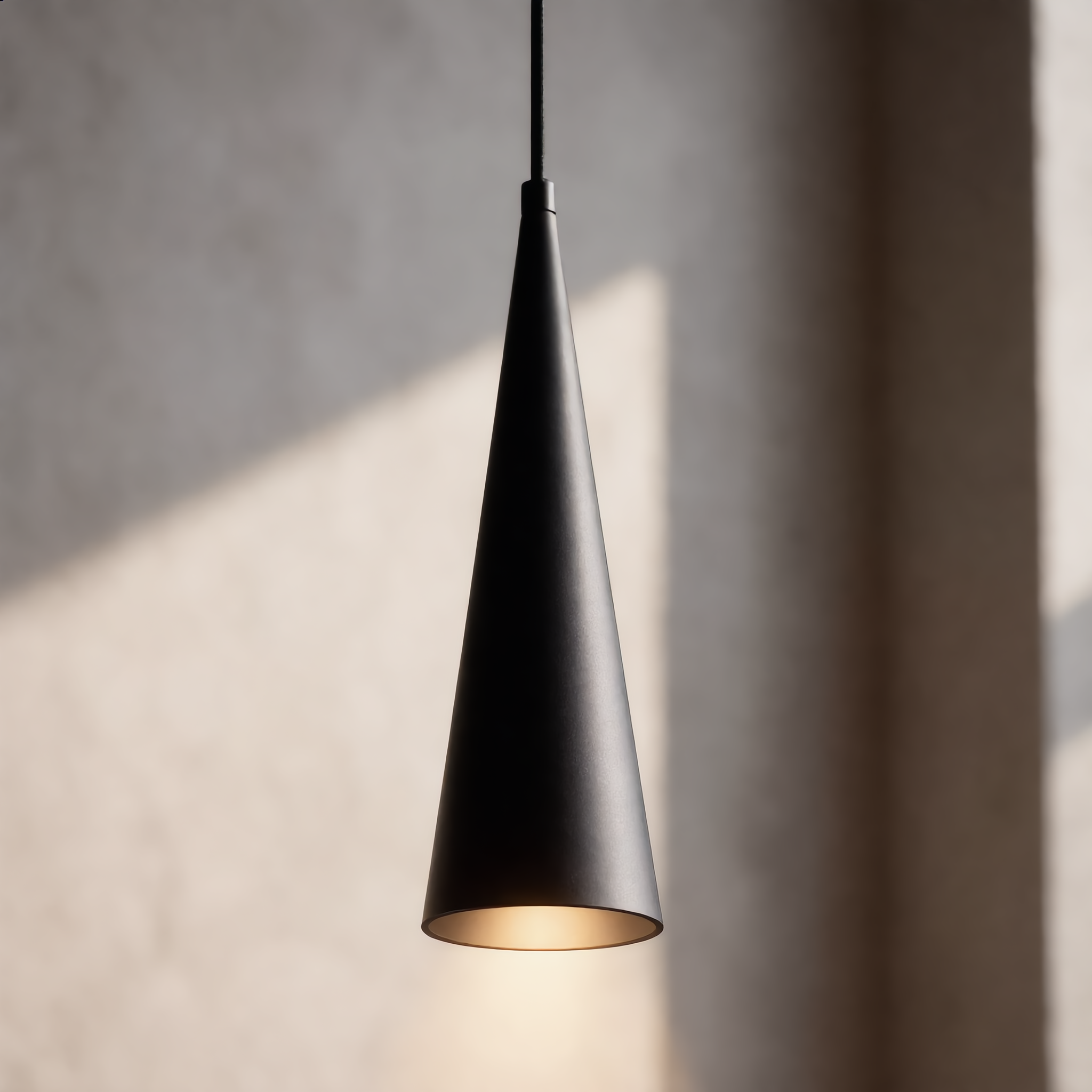Cometa black cone pendant close-up with warm down-glow