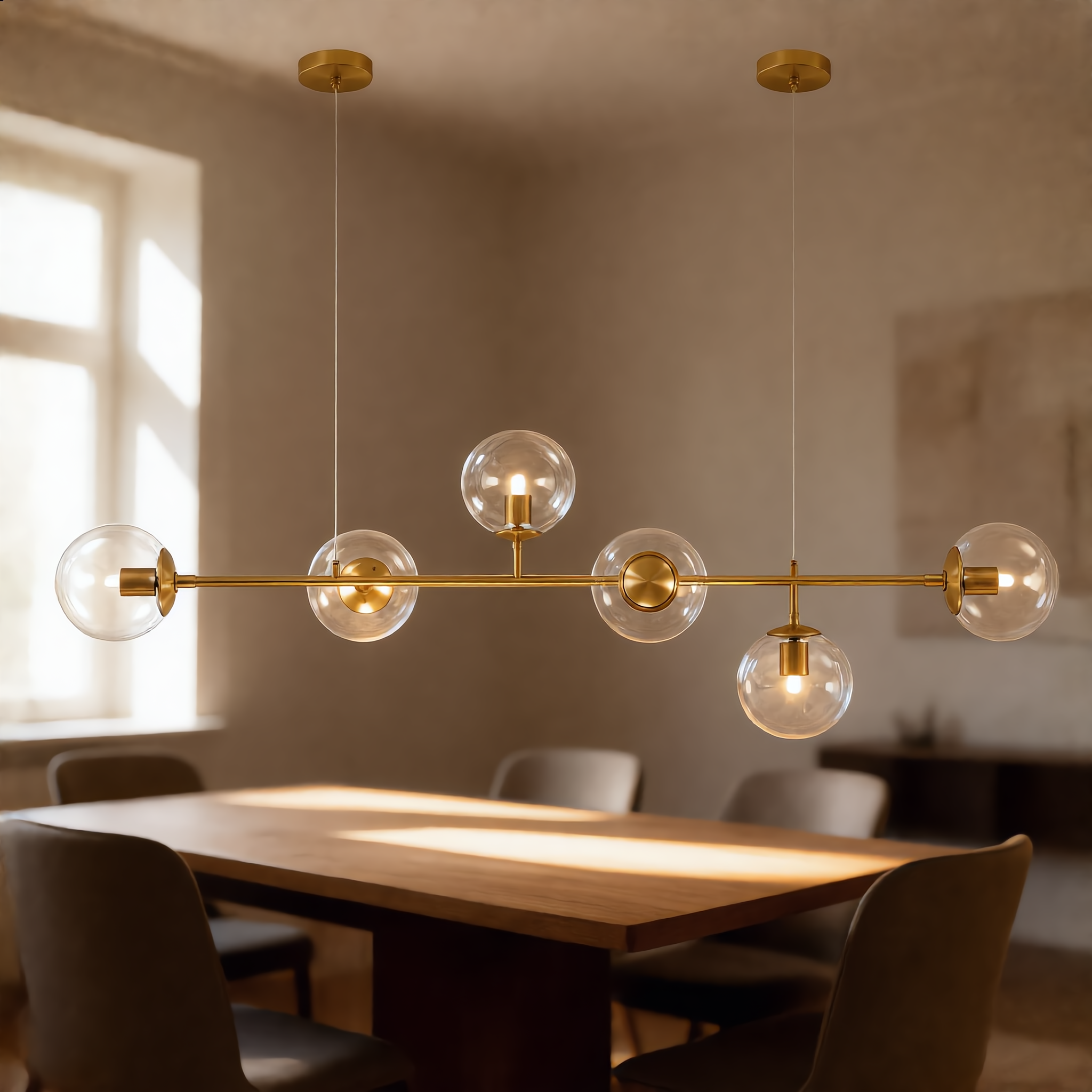 Costellazione gold horizontal pendant over a bright dining table