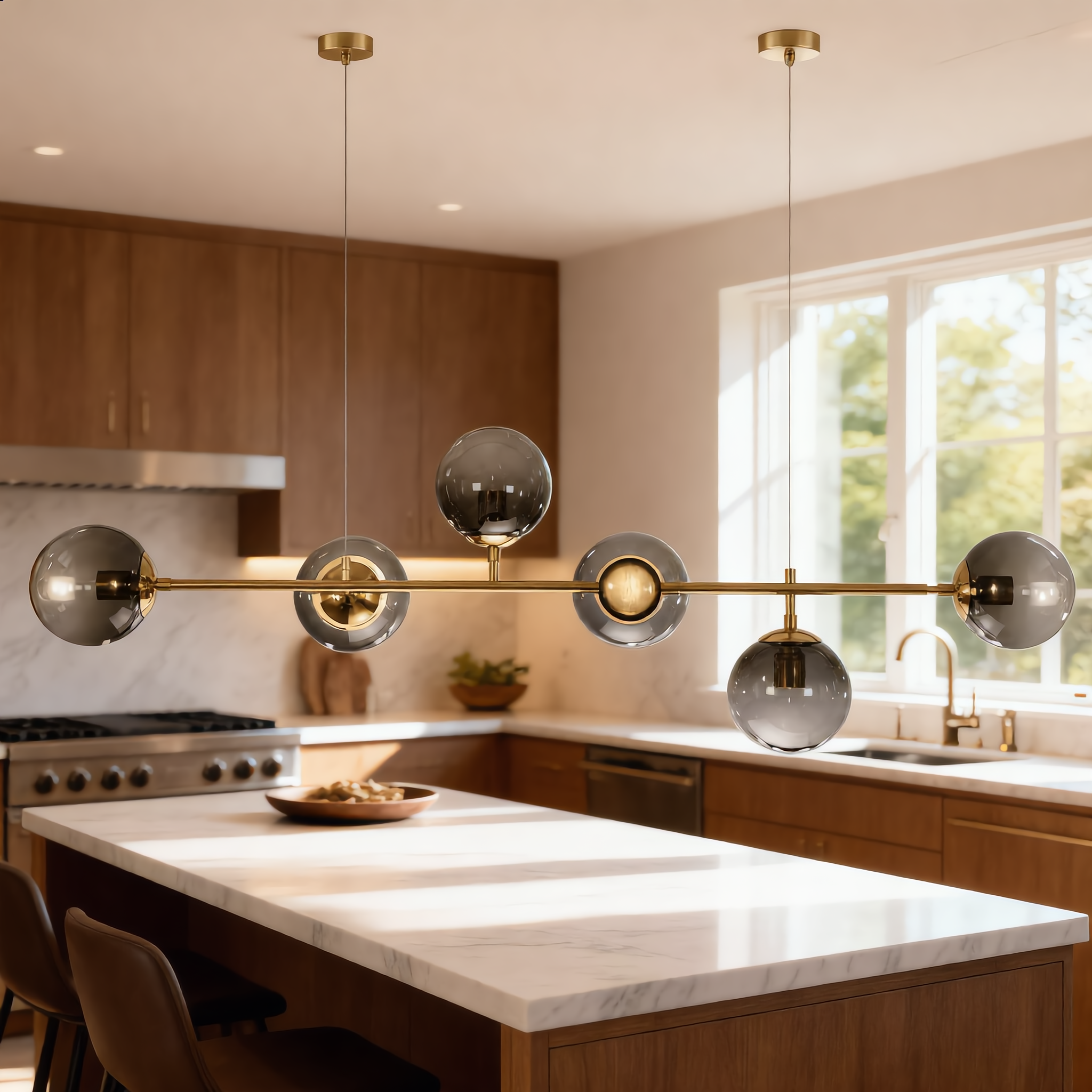 Costellazione gold horizontal pendant over a marble island
