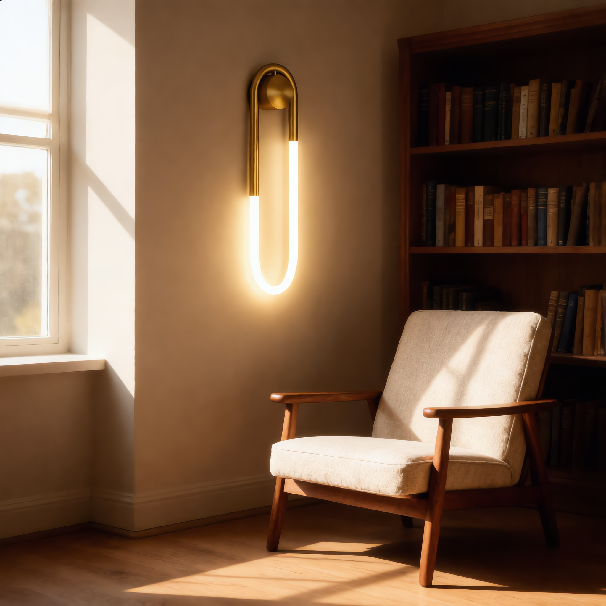Quiete brass hook wall sconce in cozy reading nook