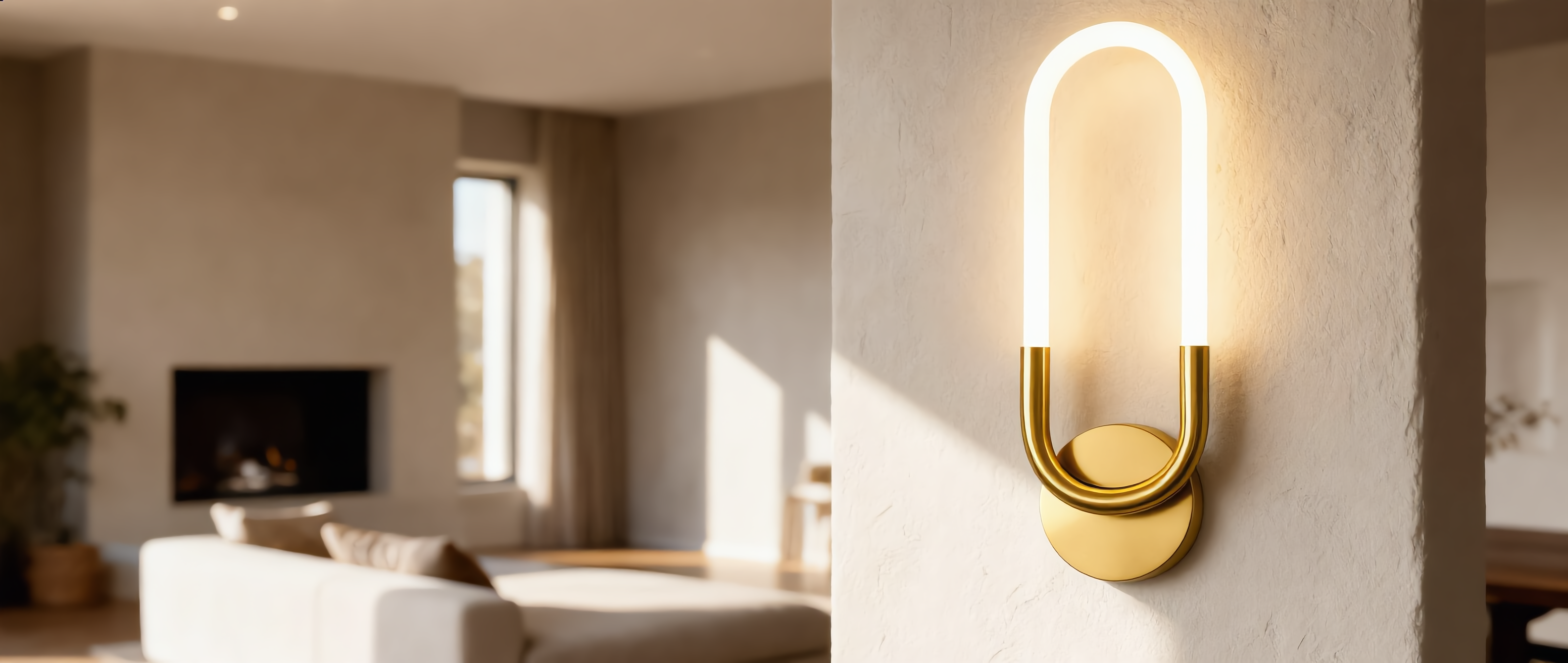 Quiete brass oval LED wall sconce in luxurious sunlit living space