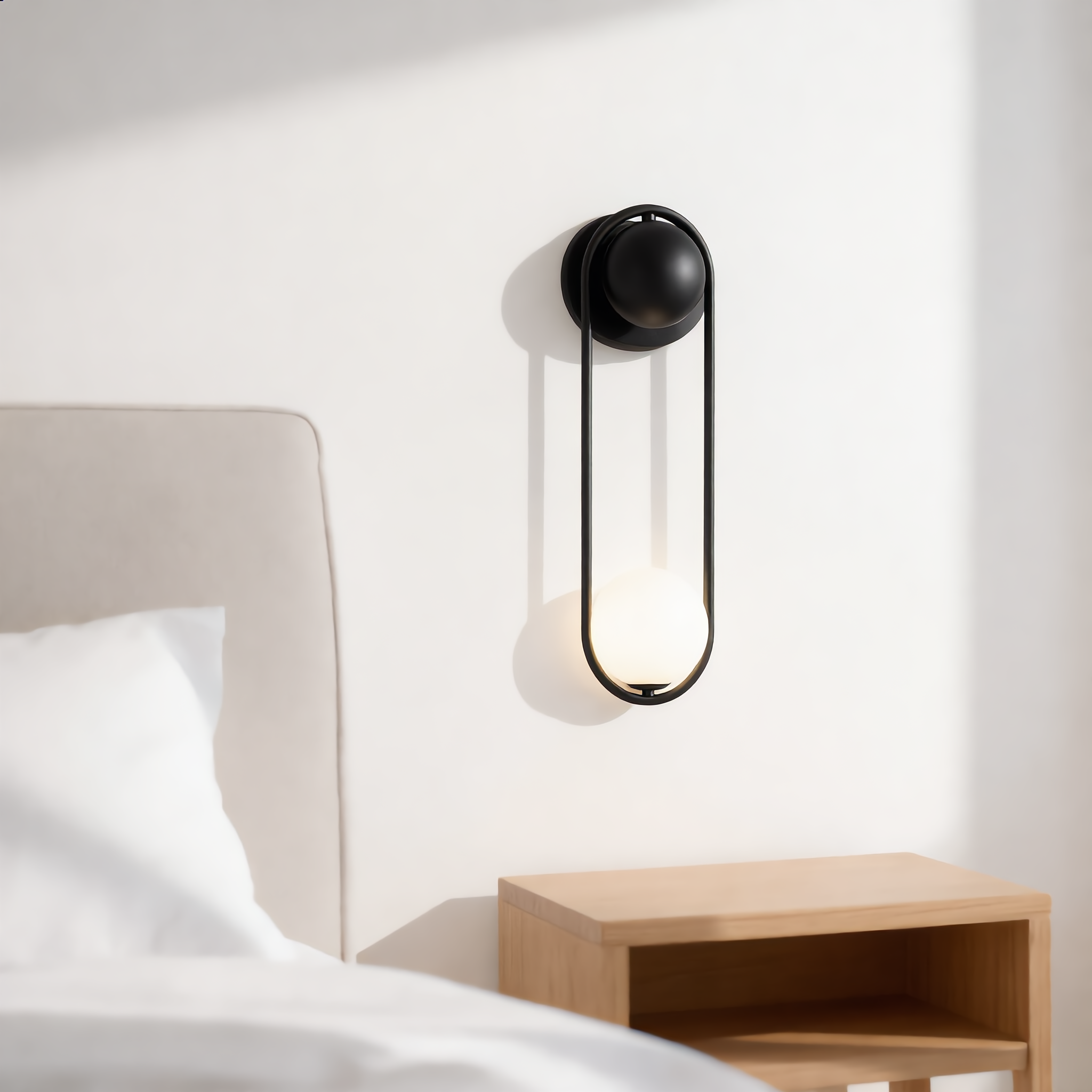 Quiete black orb wall sconce mounted beside the bed above a nightstand