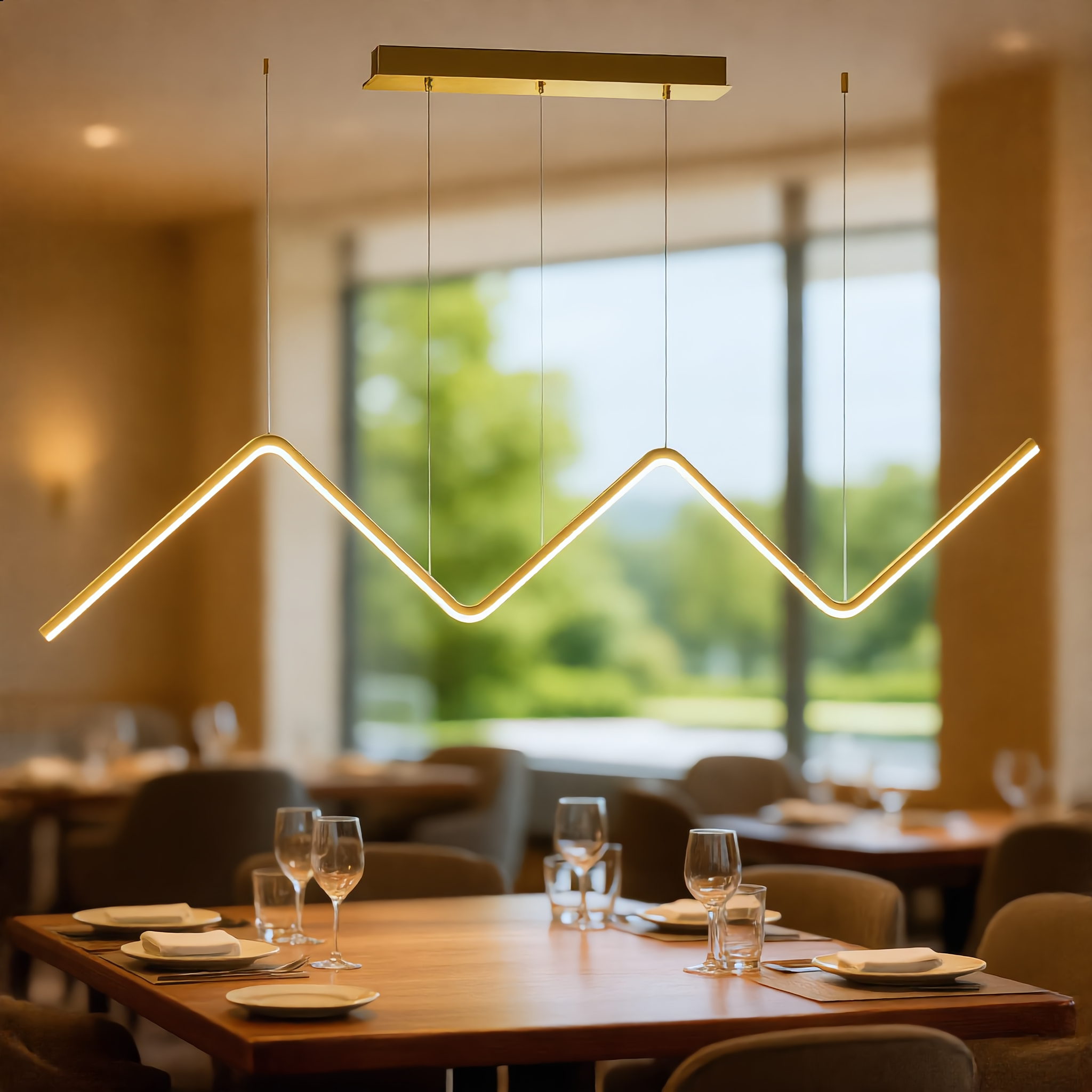 Lampo gold zigzag pendant over a dining table