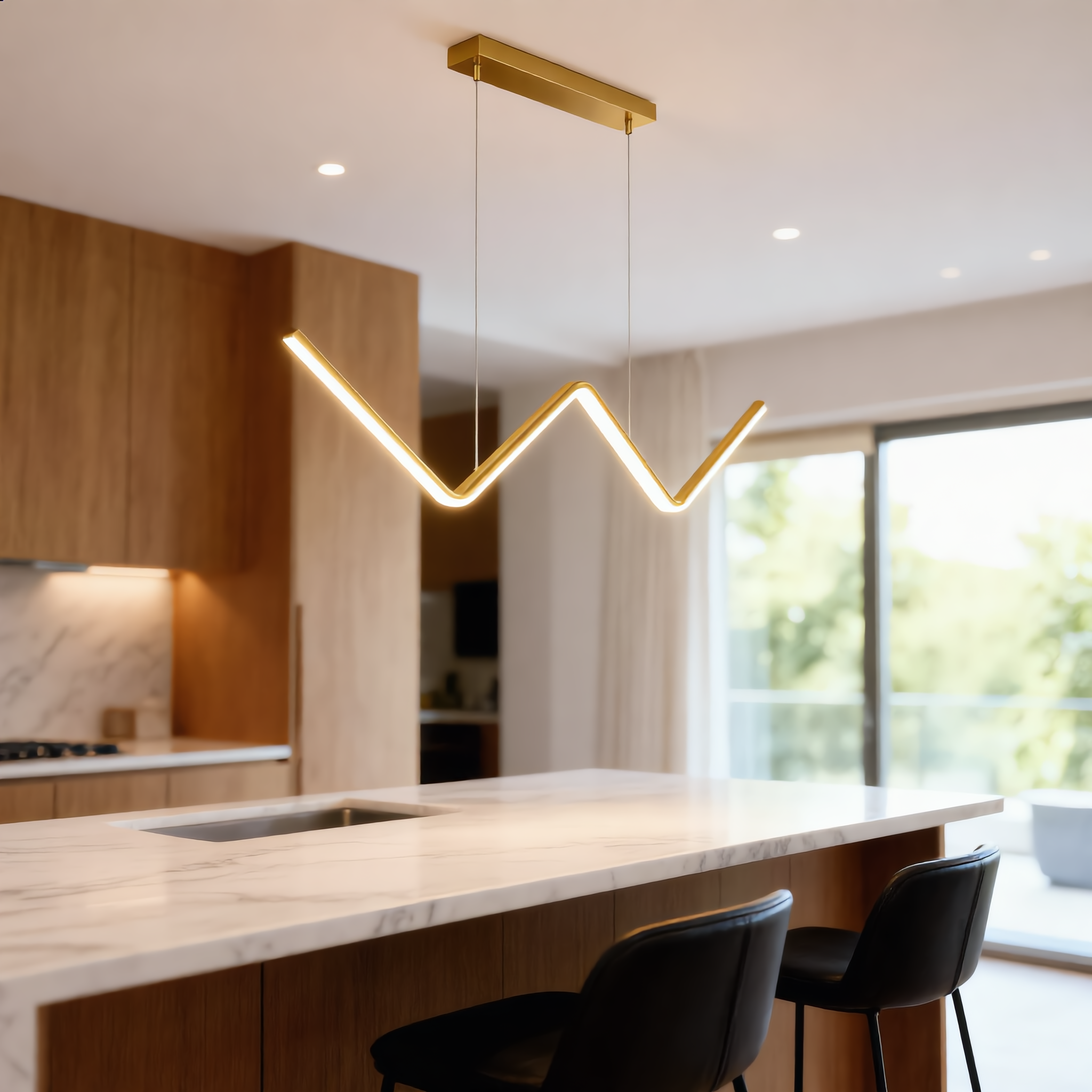 Lampo compact gold zigzag pendant over a marble breakfast bar