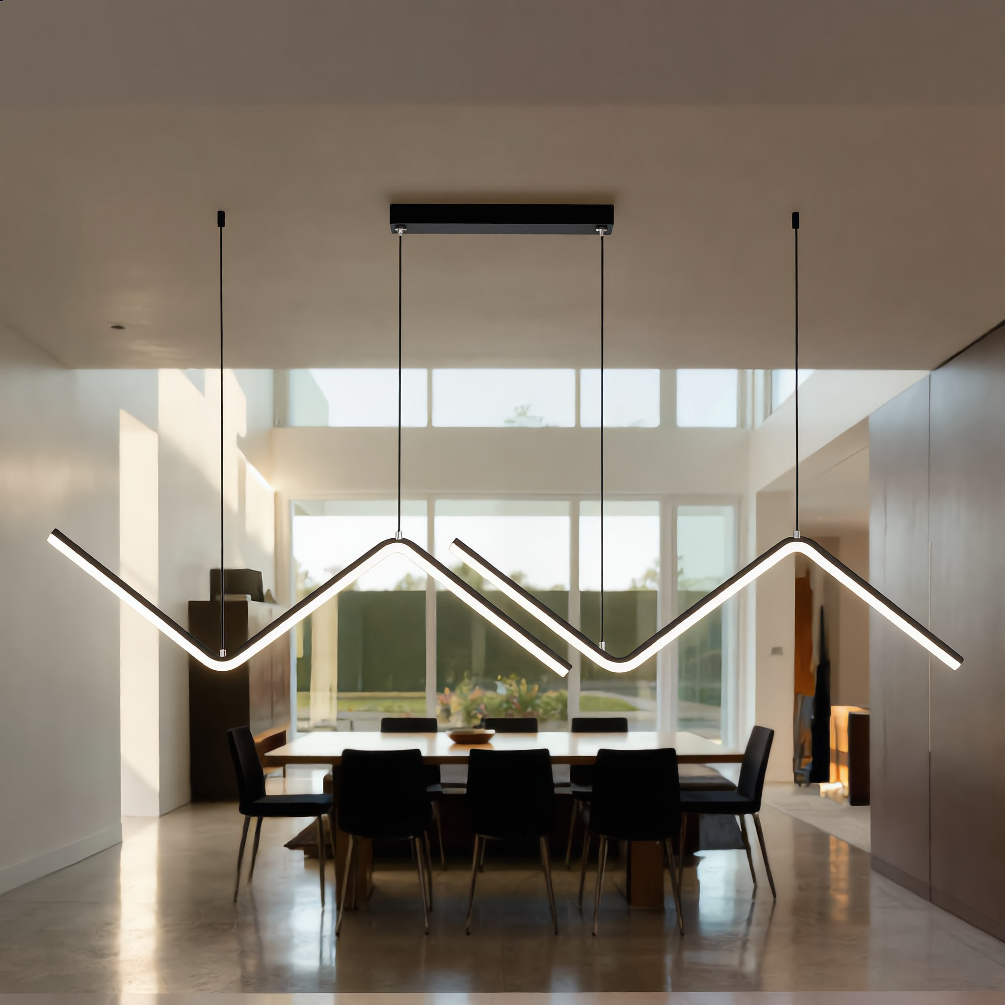 Lampo black zigzag pendant in a bright double-height dining room