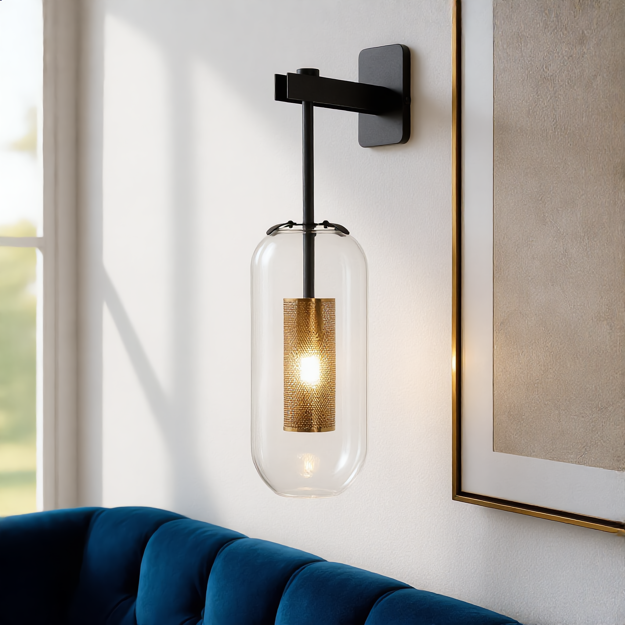 Vetro black glass wall sconce beside artwork in a living room