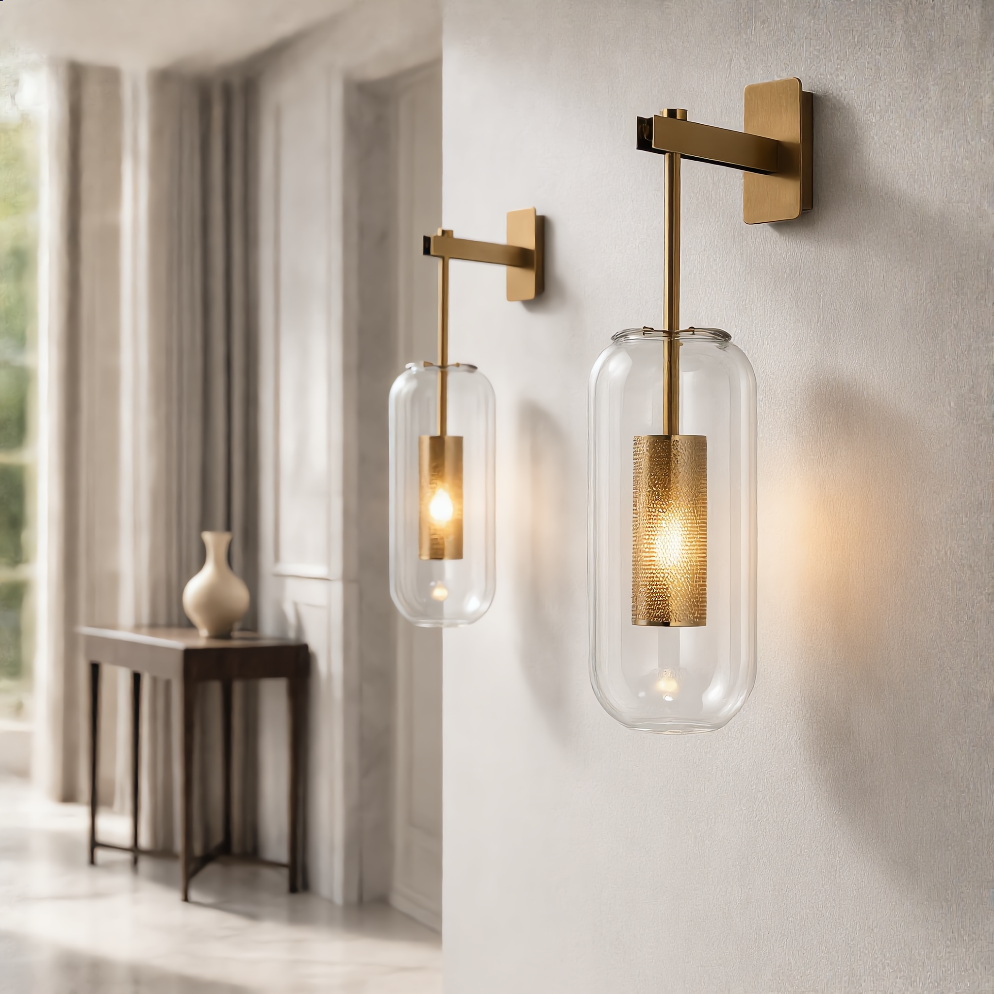 Pair of Vetro brass glass wall sconces in an elegant hallway