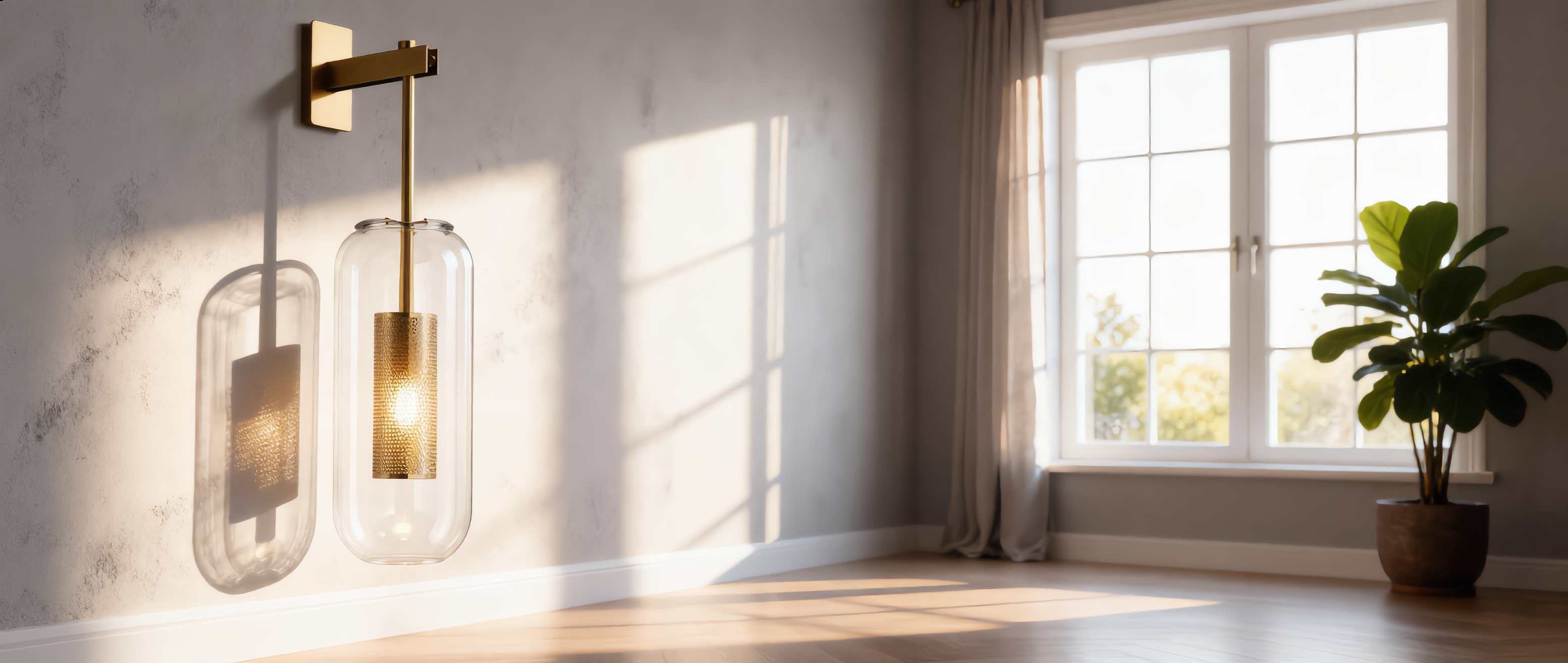 Vetro brass clear glass wall sconce in a luxurious sunlit living space