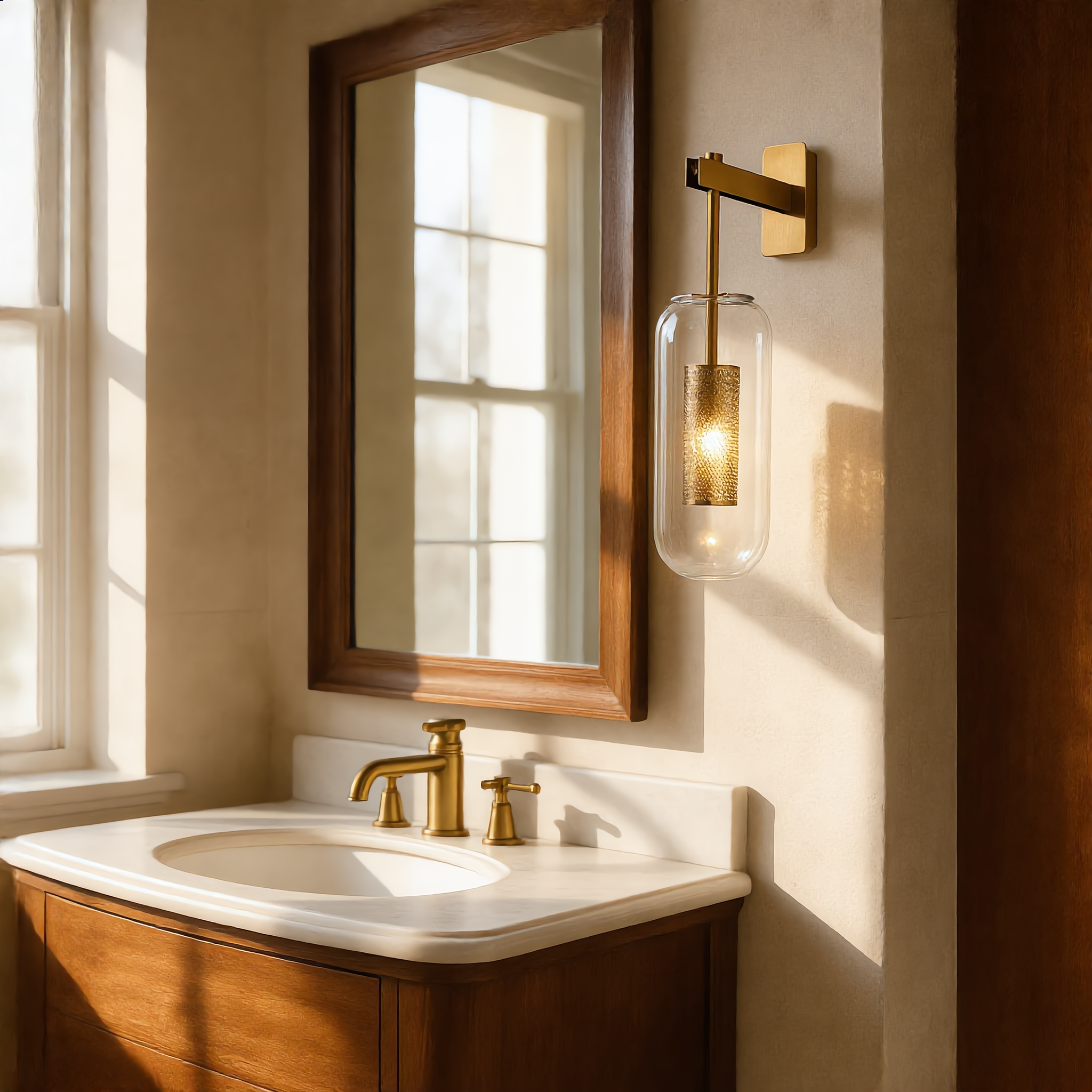 Vetro brass glass wall sconce mounted beside a vanity mirror in an elegant bathroom