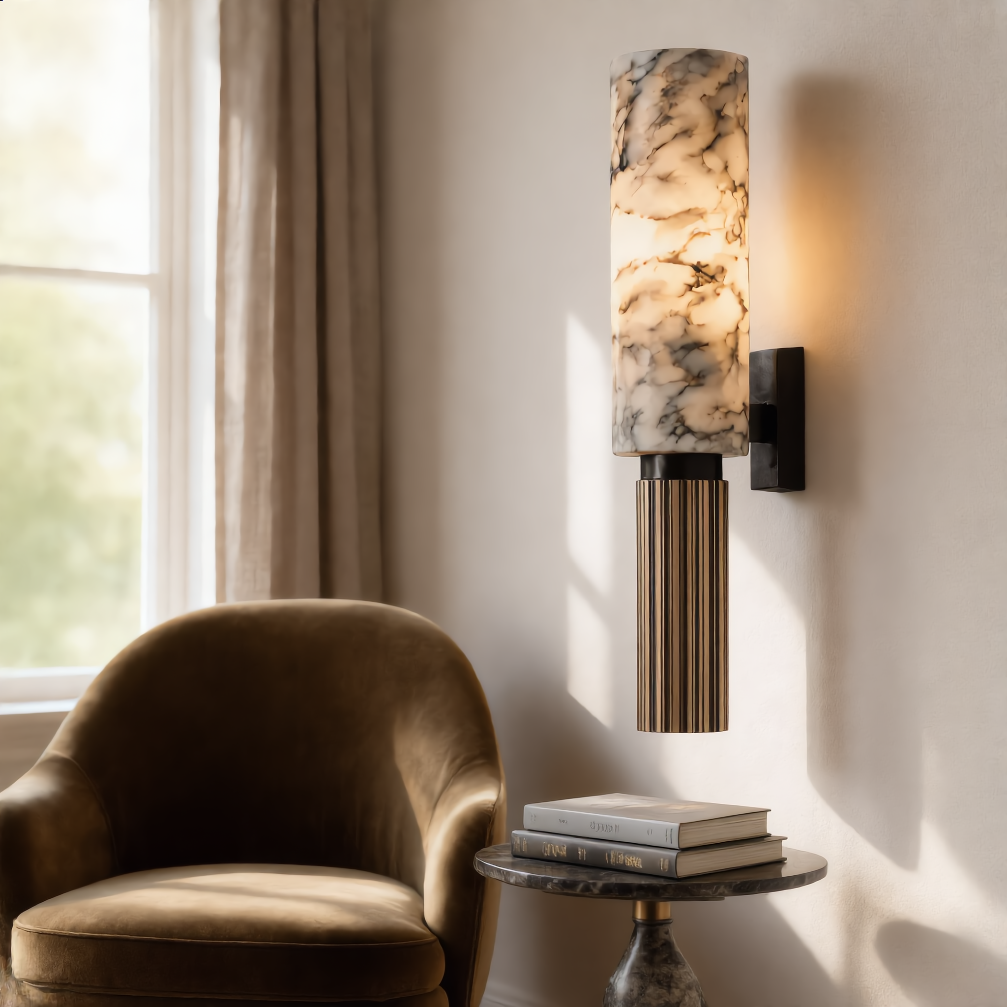 Aurora Marble Wall Sconce glowing in a reading nook