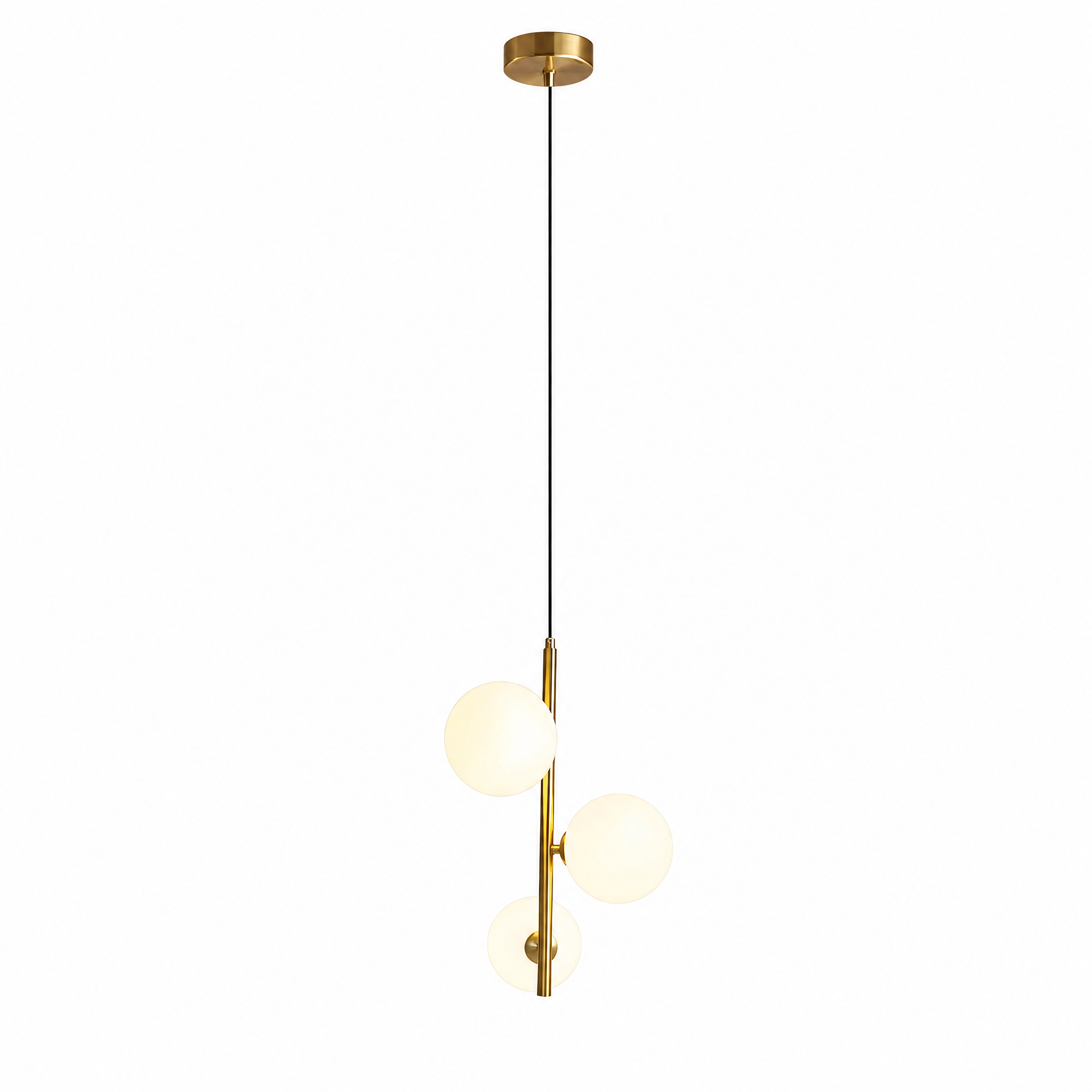 Brass Perla Opal Globe Pendant with three globes, warm white