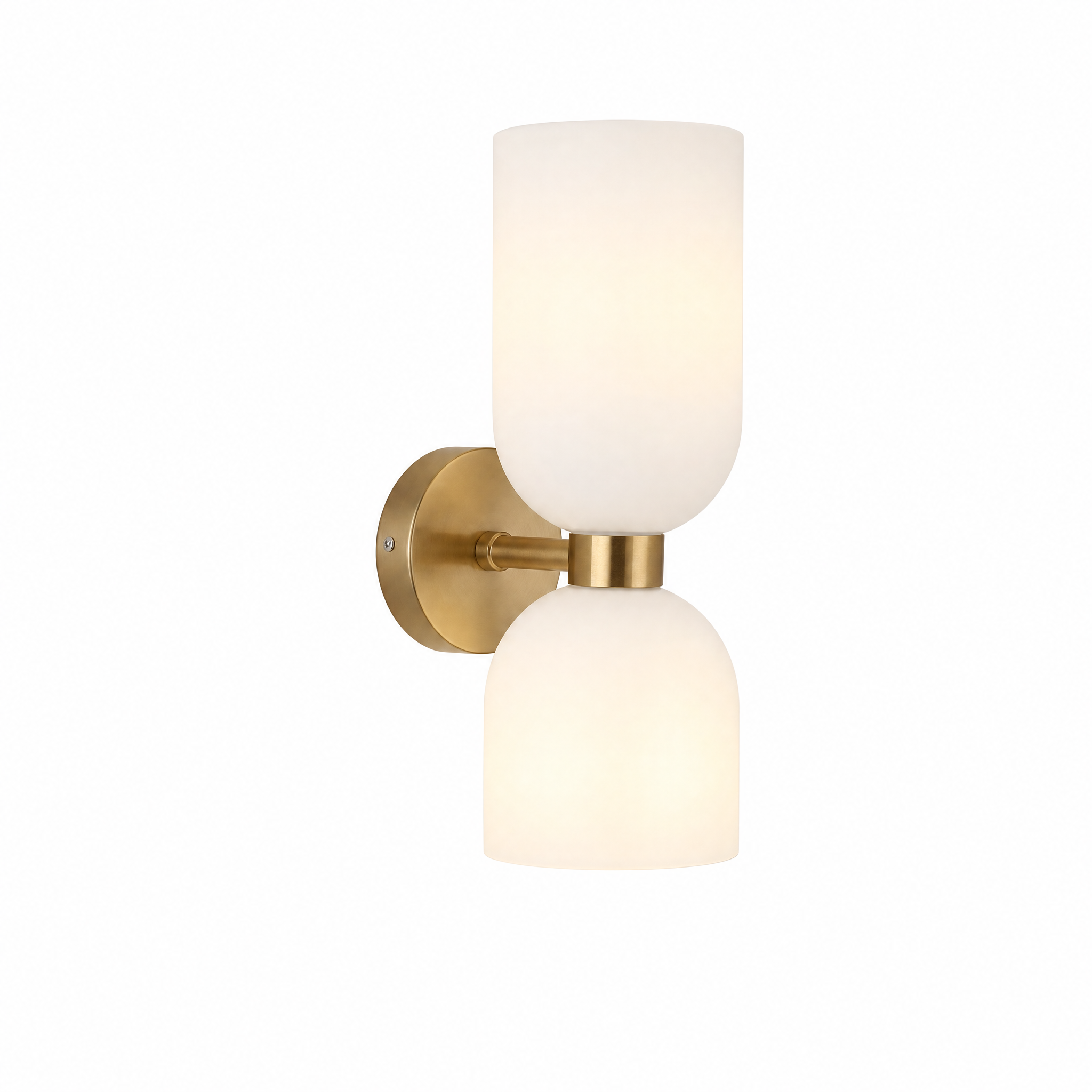 Duetto Glass Wall Sconce in milk white glass, warm glow on white
