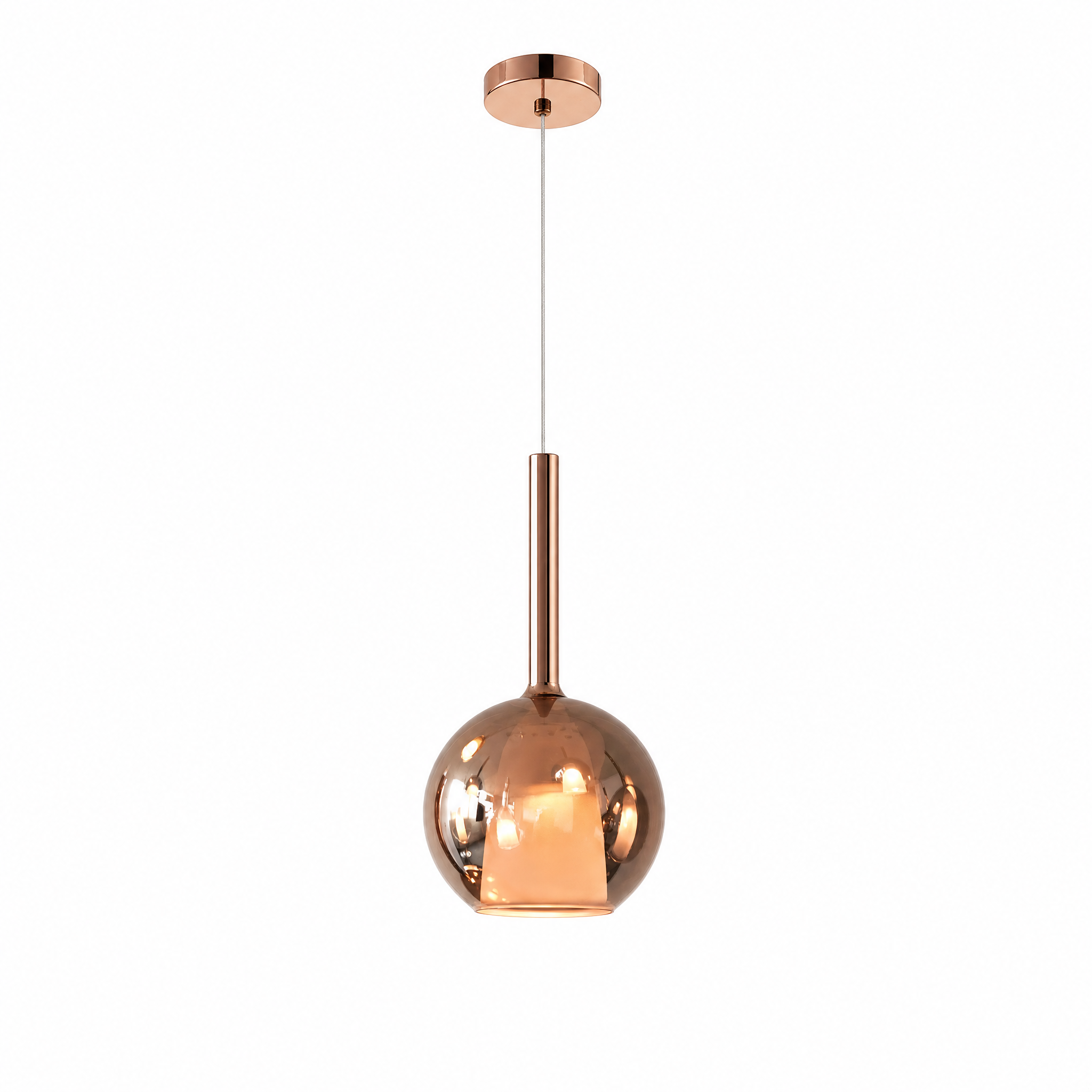 Luna Glass Globe Pendant in rose gold glass, warm glow