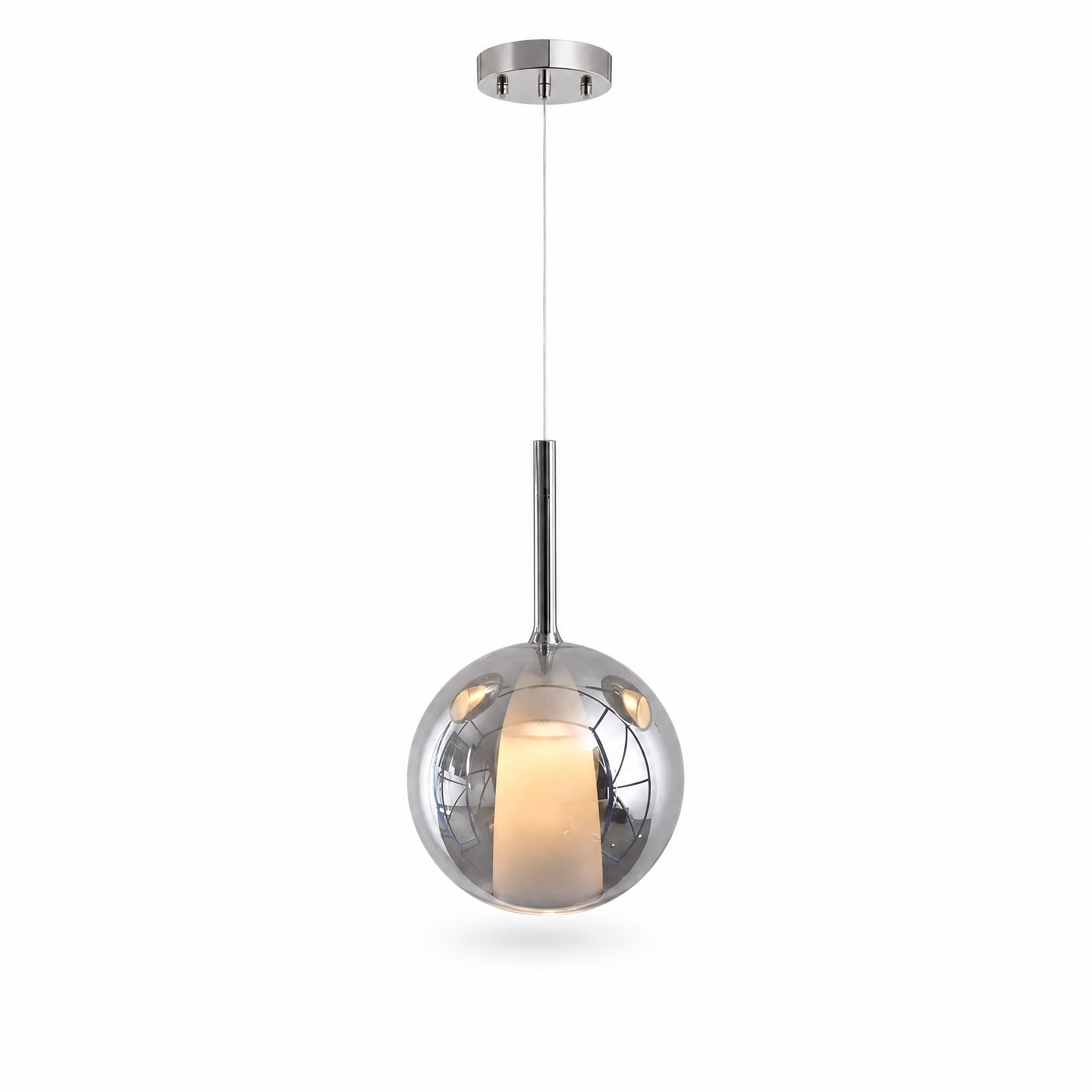 Luna Glass Globe Pendant in smoke grey glass, warm glow
