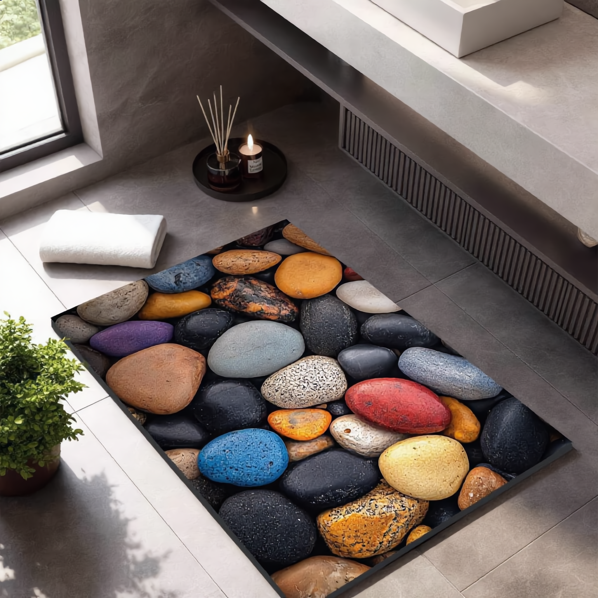 Riviera Stone Bath Mat styled beside a vanity with towel, candle and plant