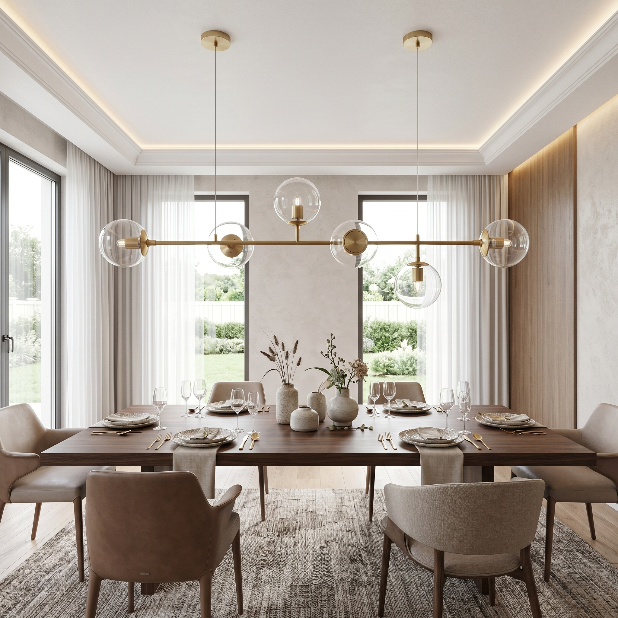 Costellazione gold horizontal glass globe pendant over a bright dining table