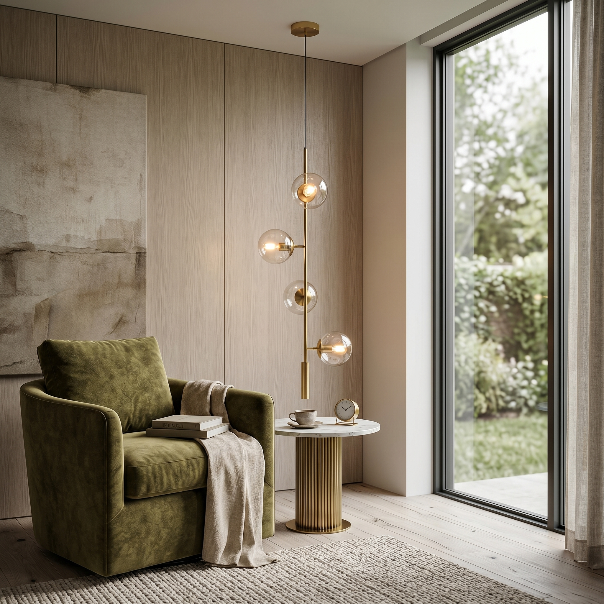 Costellazione gold vertical glass globe pendant over a side table in a reading nook
