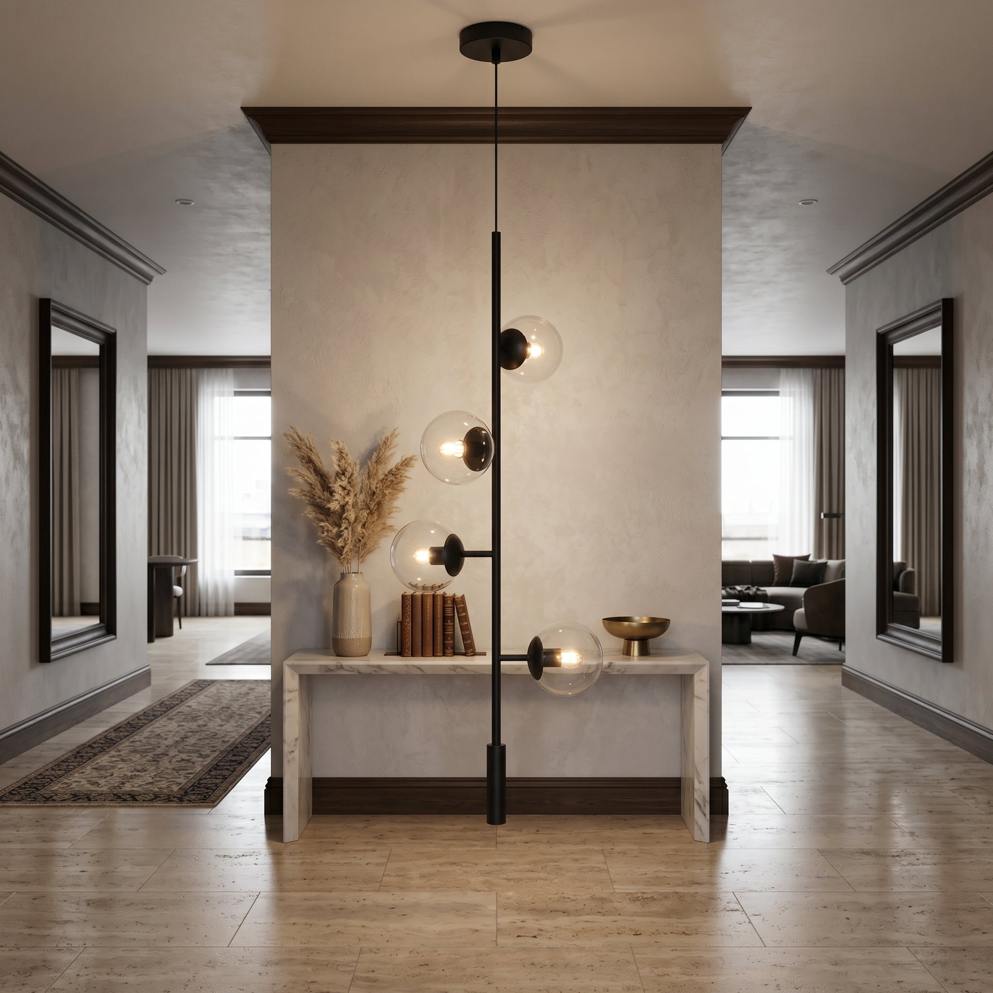 Costellazione black vertical glass globe pendant above an entryway console table