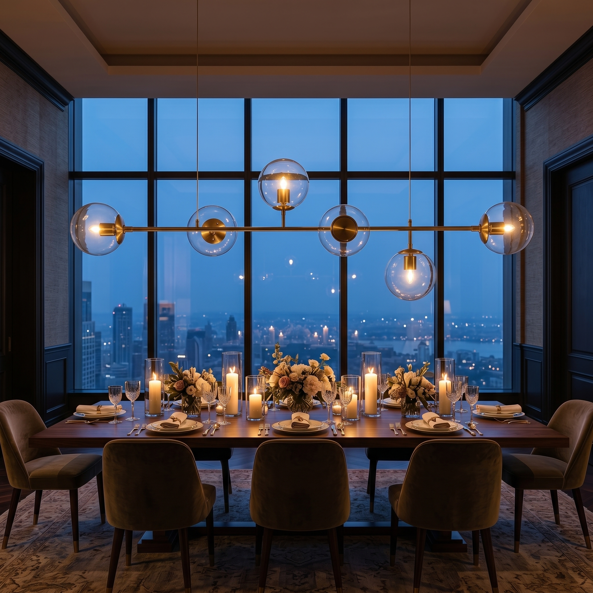 Costellazione gold horizontal glass globe pendant over a dining table at dusk