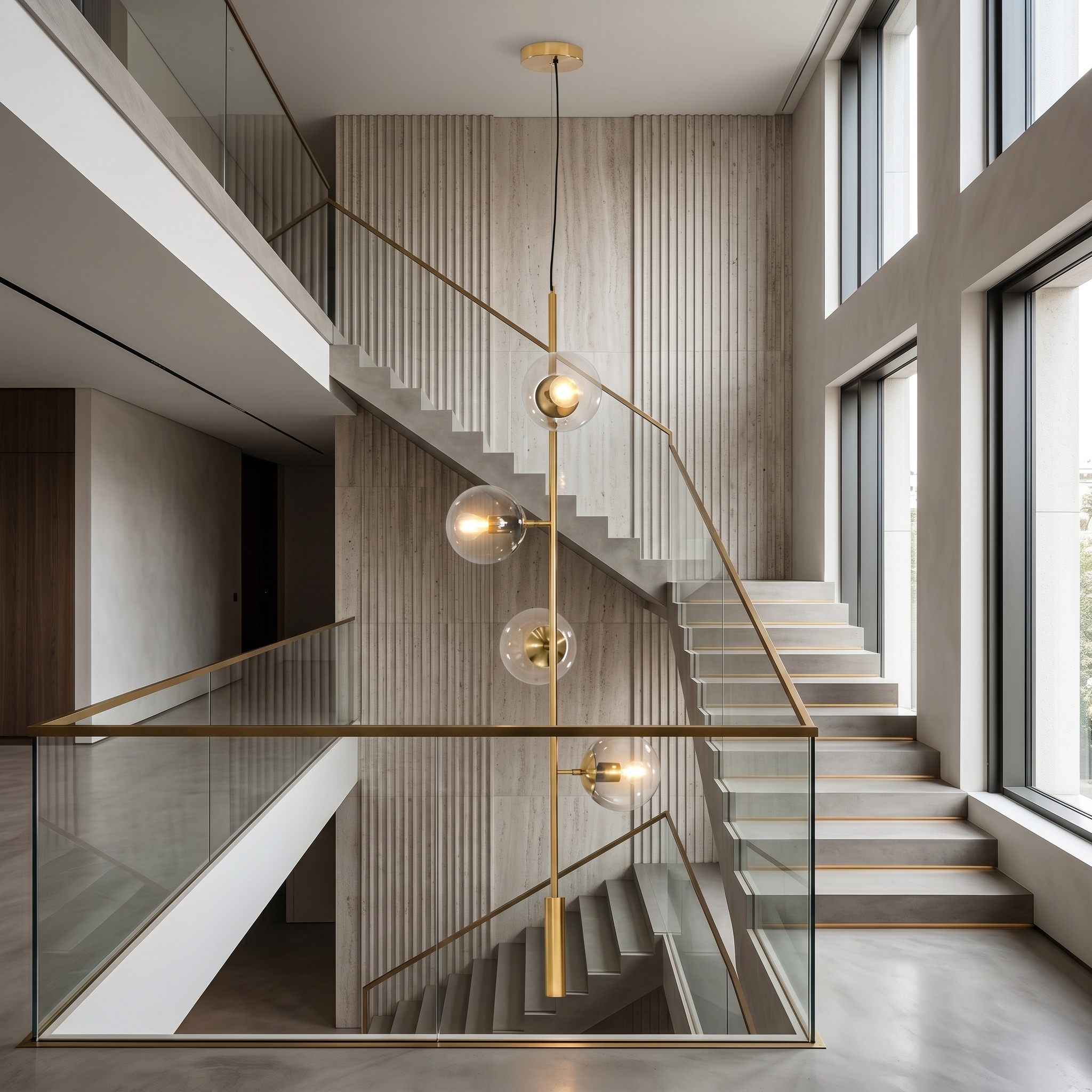 Costellazione gold vertical glass globe pendant cascading down a staircase