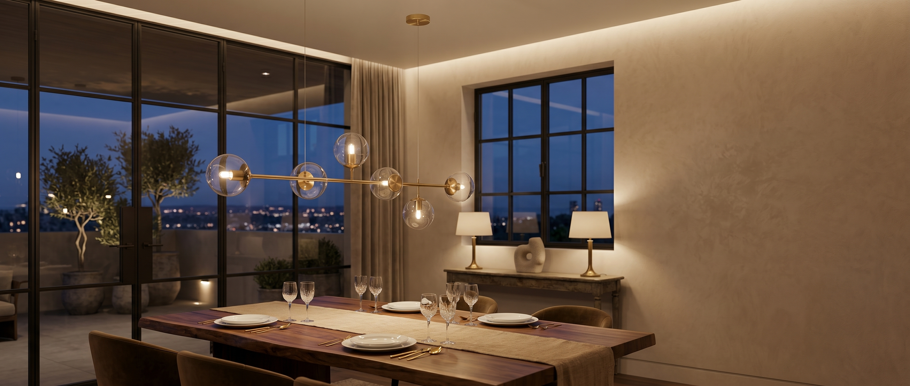 Costellazione glass globe pendant over a dining table at dusk - banner