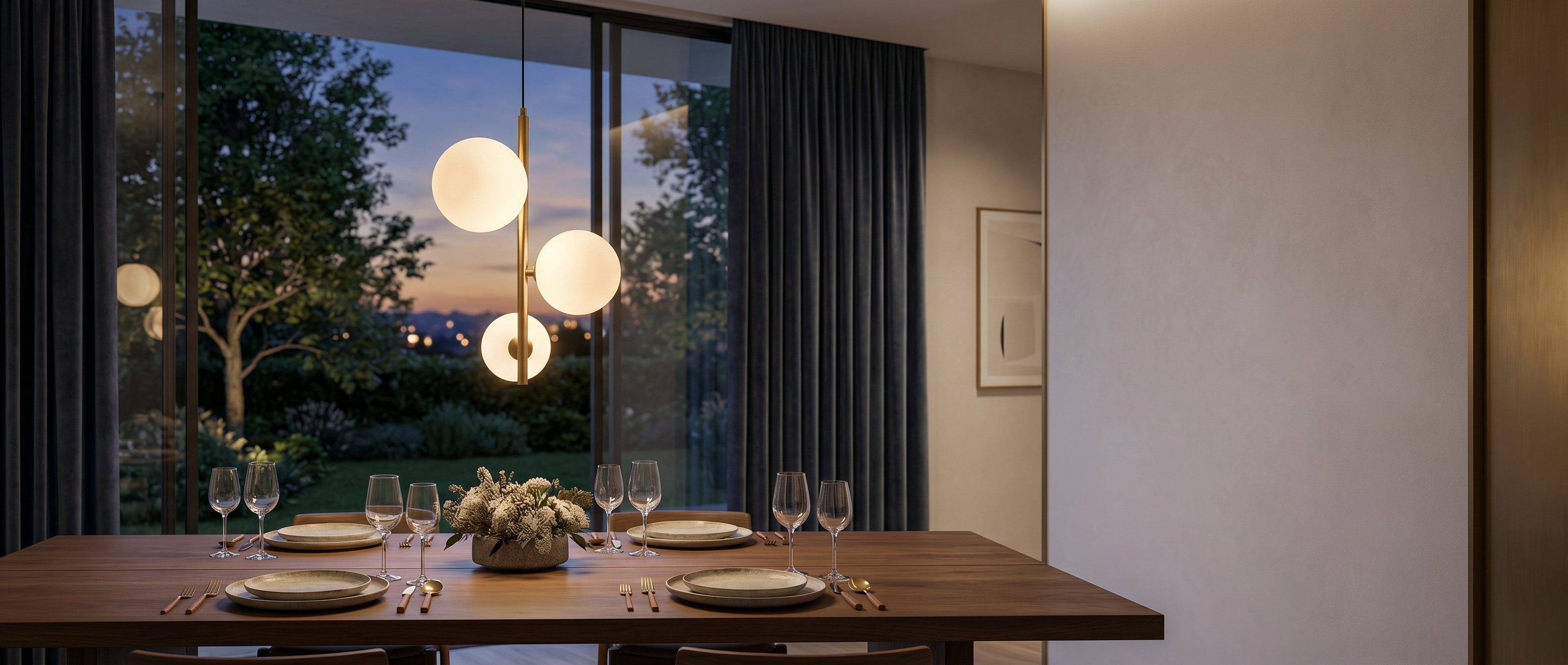 Perla Opal Globe Pendant over a dining table at dusk - banner