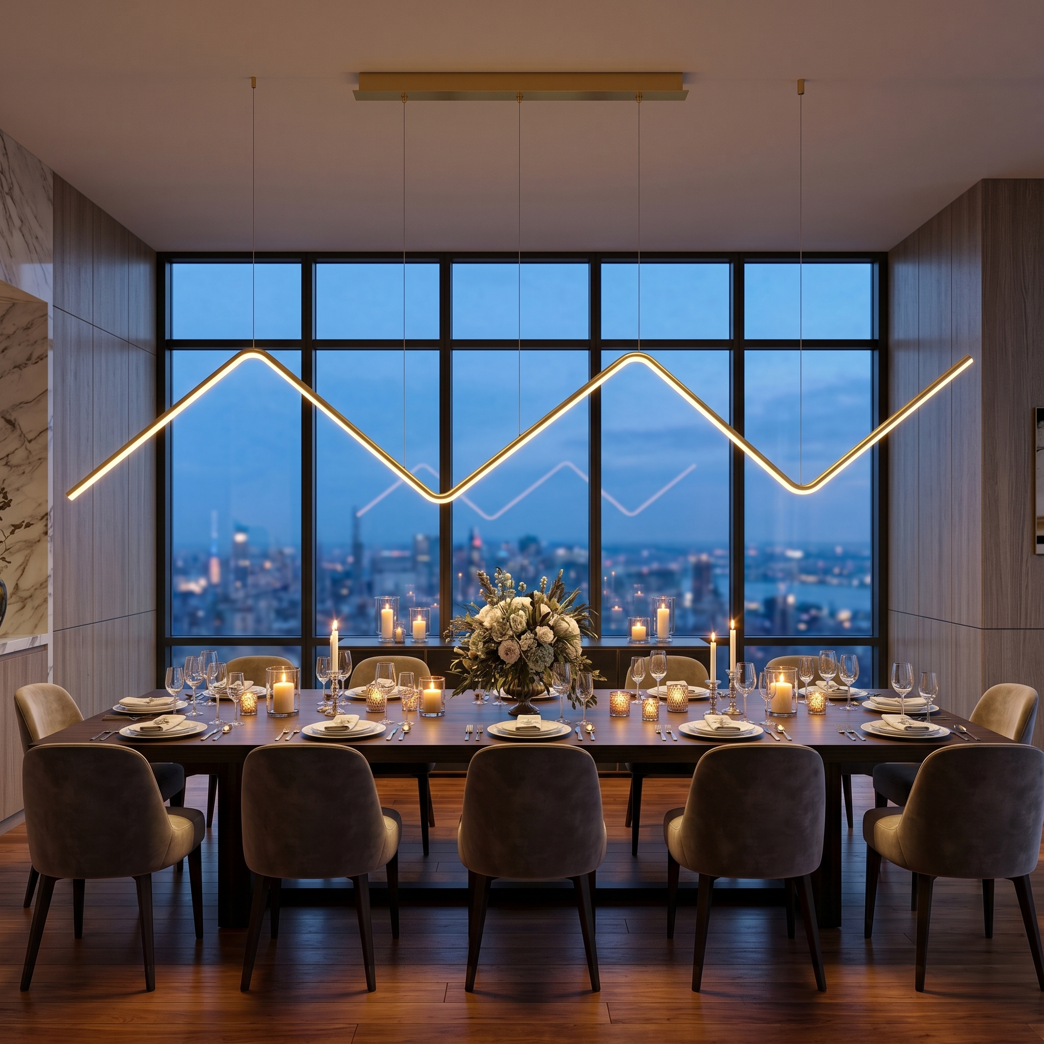 Lampo gold zigzag pendant over a dining table at dusk