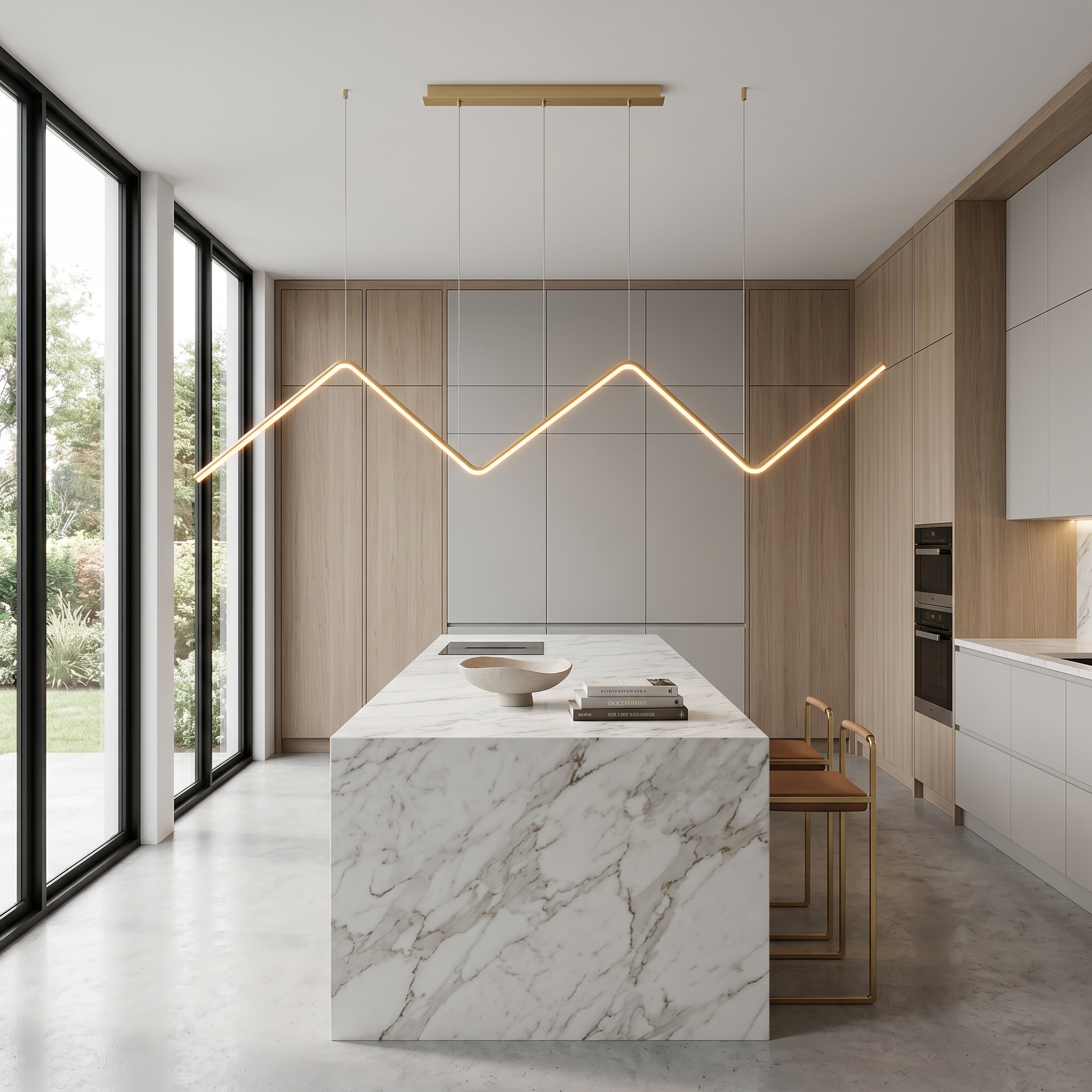 Lampo gold zigzag pendant over a kitchen island in a bright kitchen