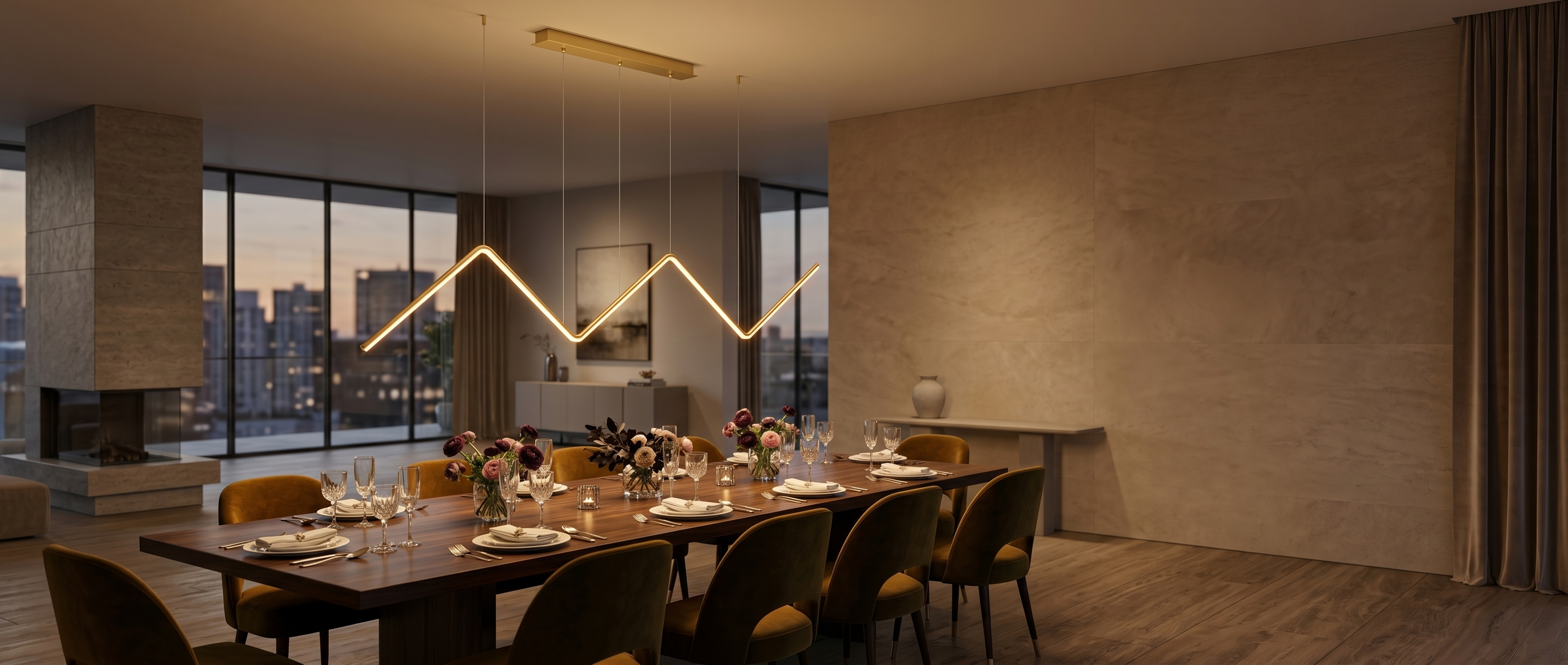 Lampo gold zigzag pendant over a dining table at dusk - banner